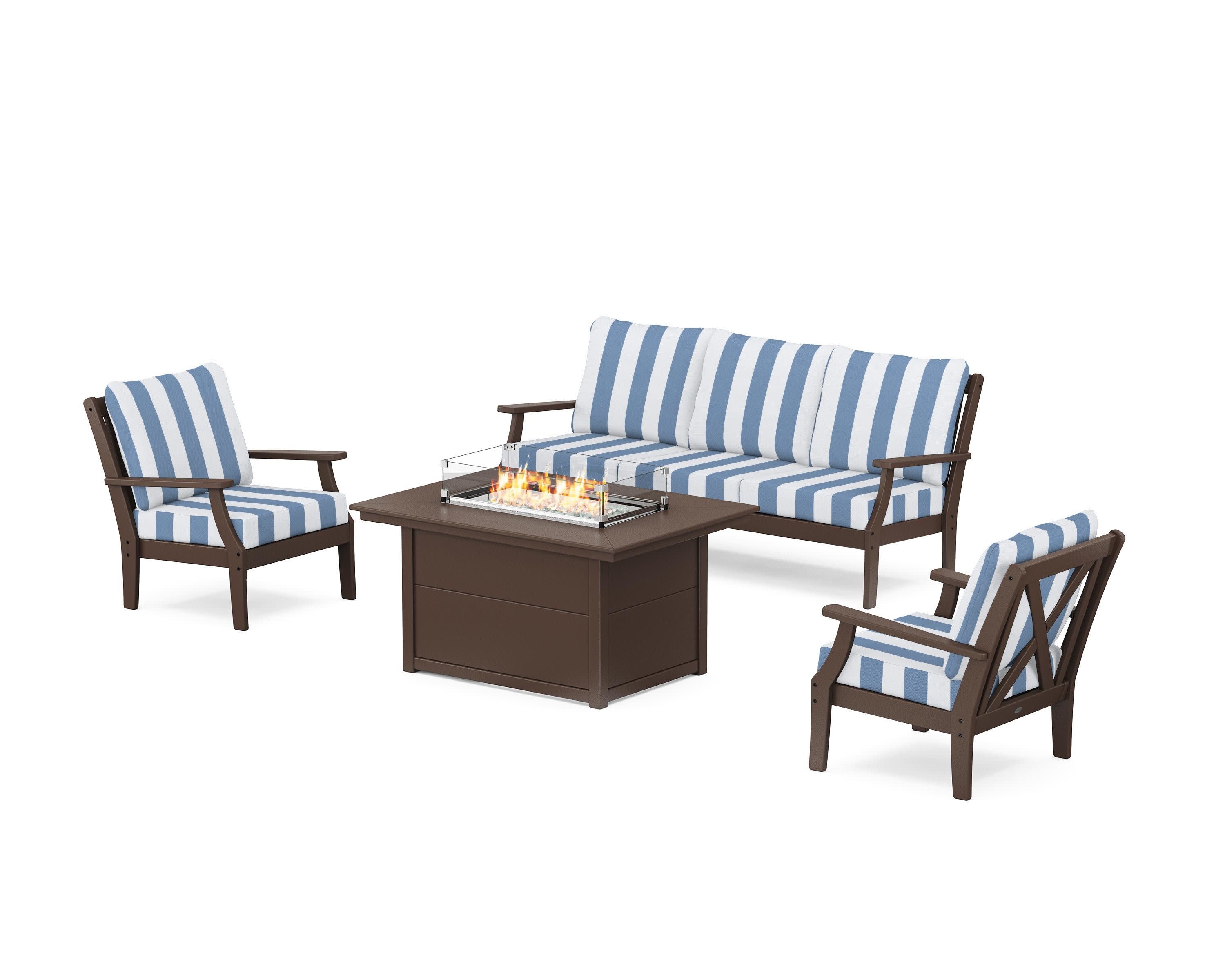 Braxton Deep Seating Fire Pit Table Set in Mahogany / Cabana Stripe Sky Blue