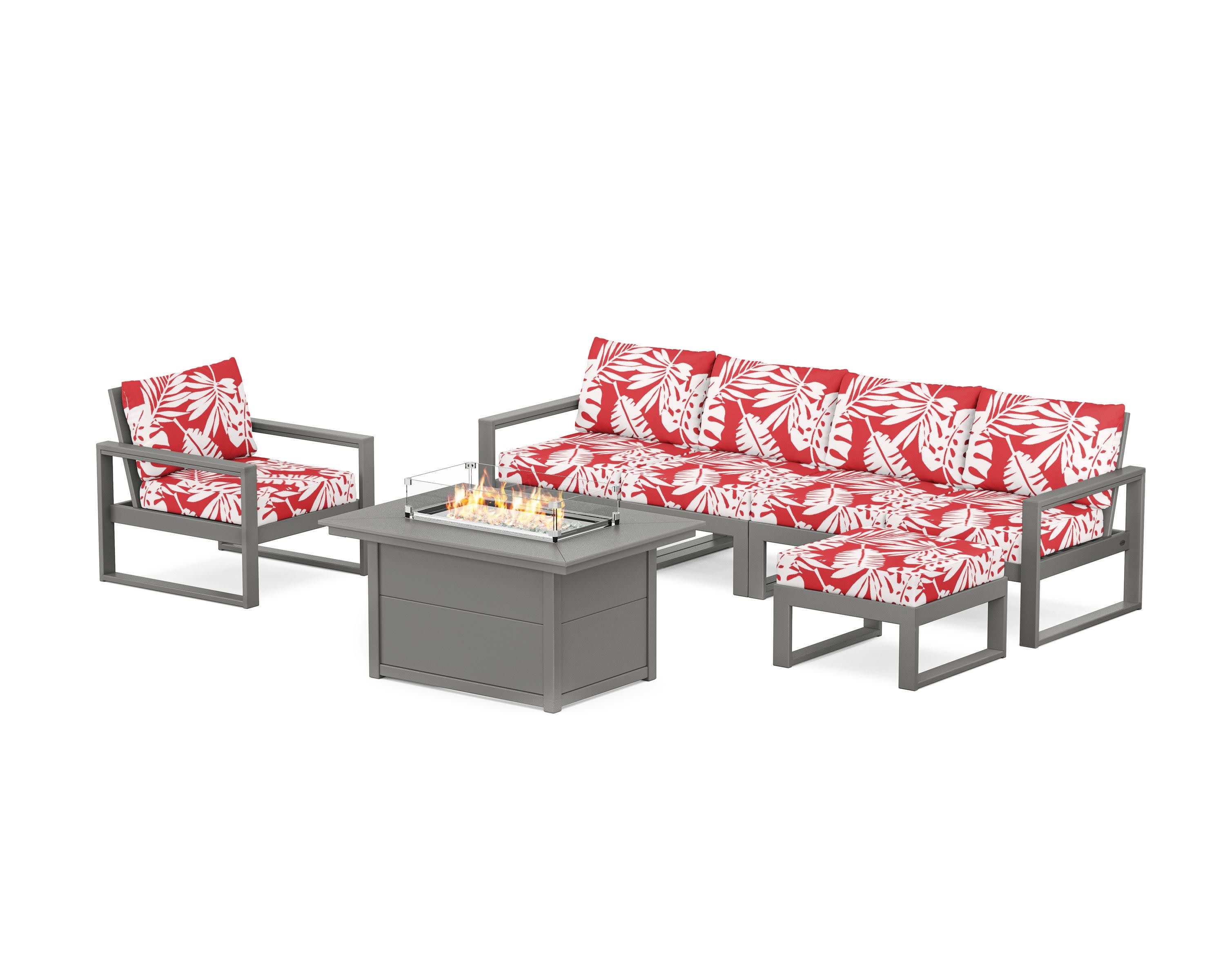 EDGE Sectional Lounge and Fire Pit Set in Slate Grey / Leaf Crimson