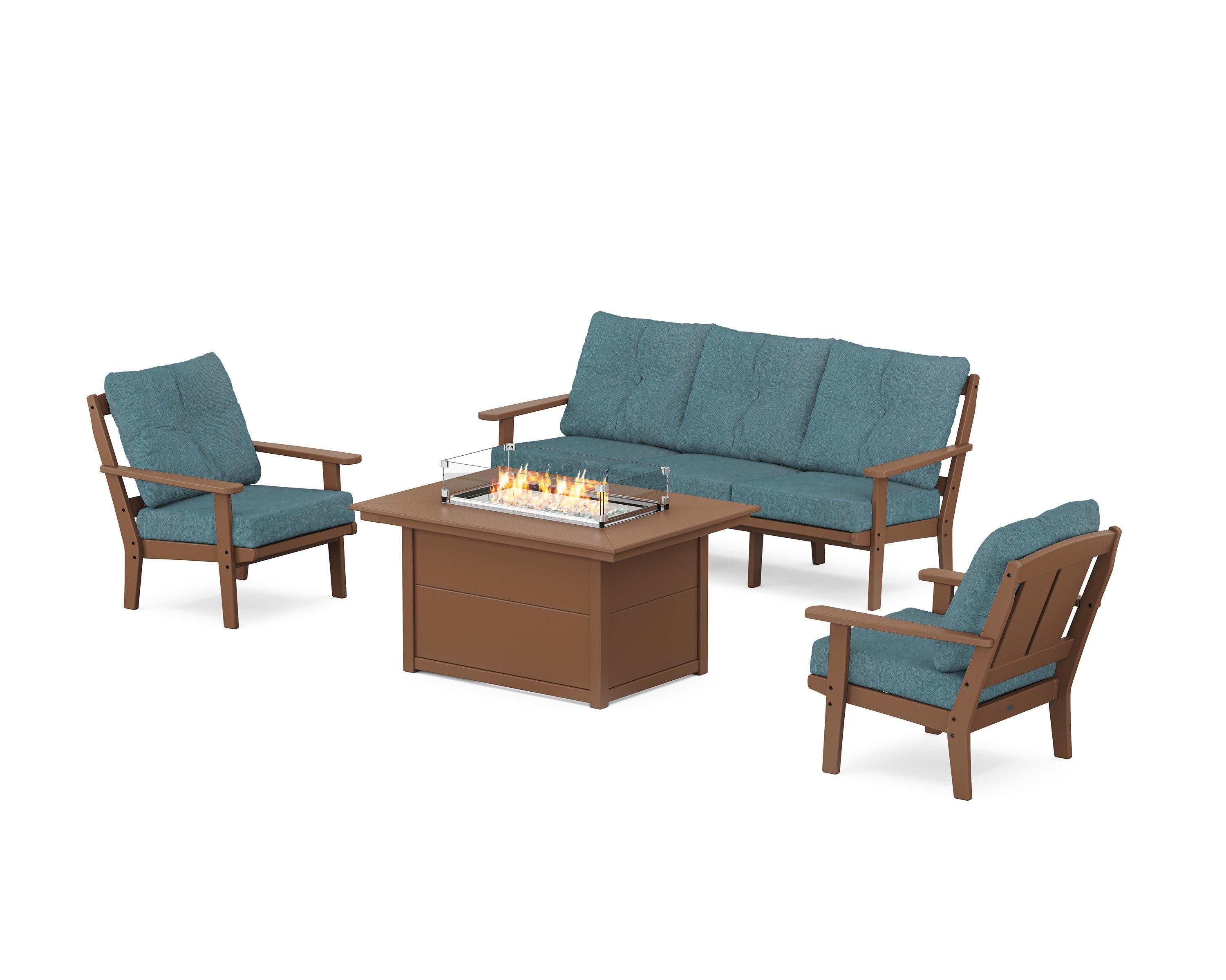 Mission Deep Seating Fire Pit Table Set in Teak / Ocean Teal