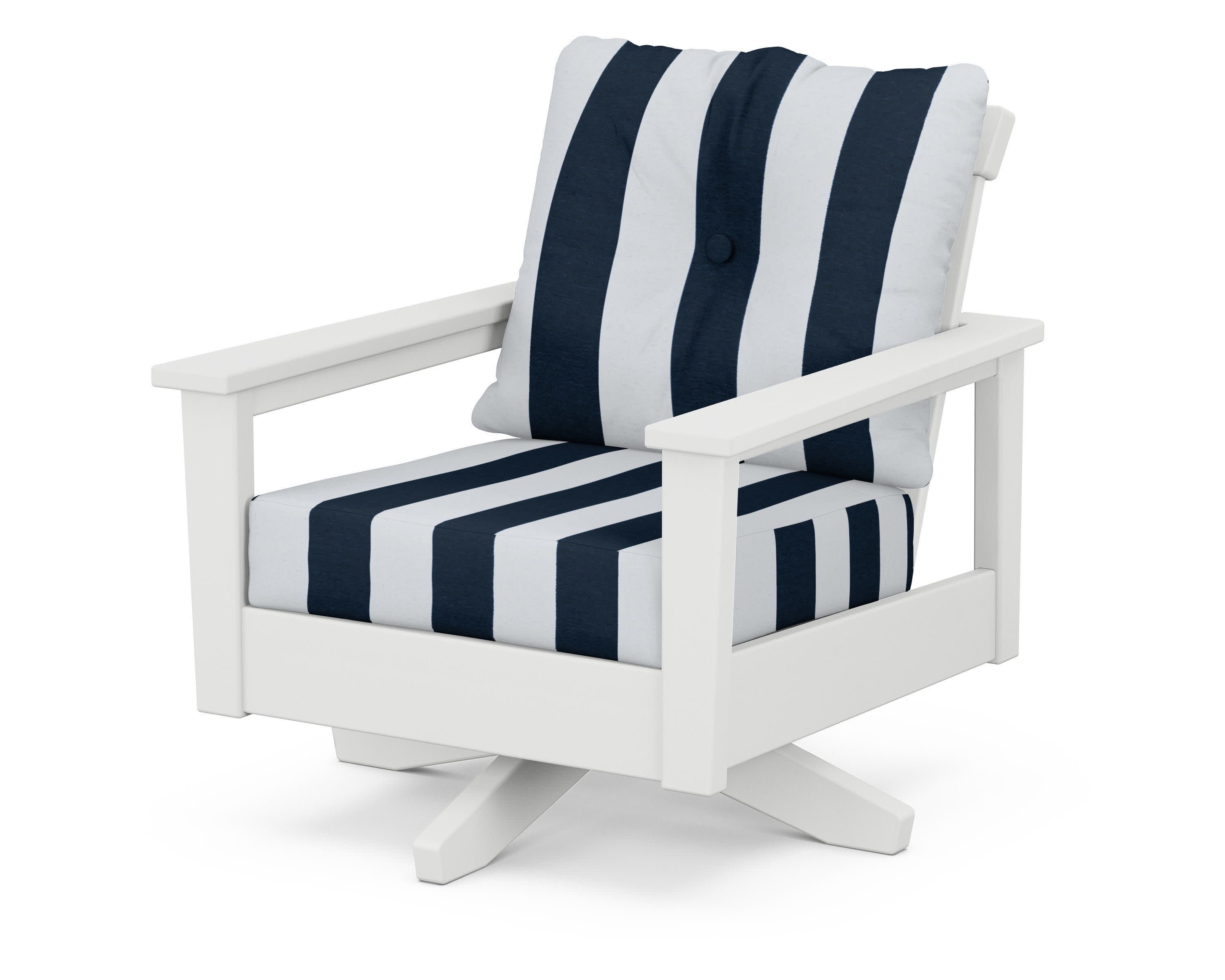 Prescott Deep Seating Swivel Chair in White / Cabana Stripe Marine Indigo