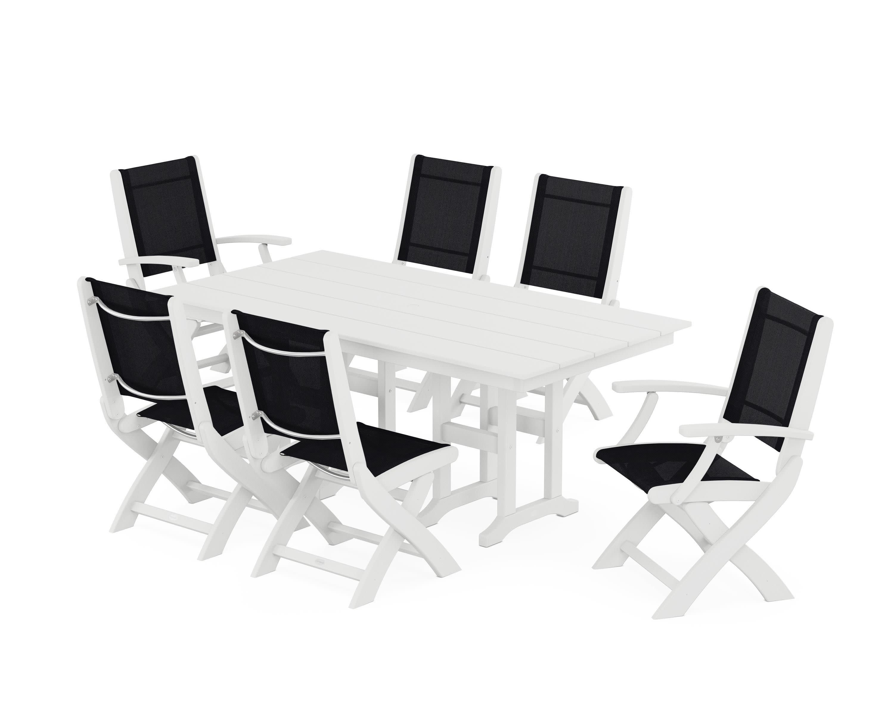 Coastal Folding Chair 7-Piece Farmhouse Dining Set in White / Black Sling