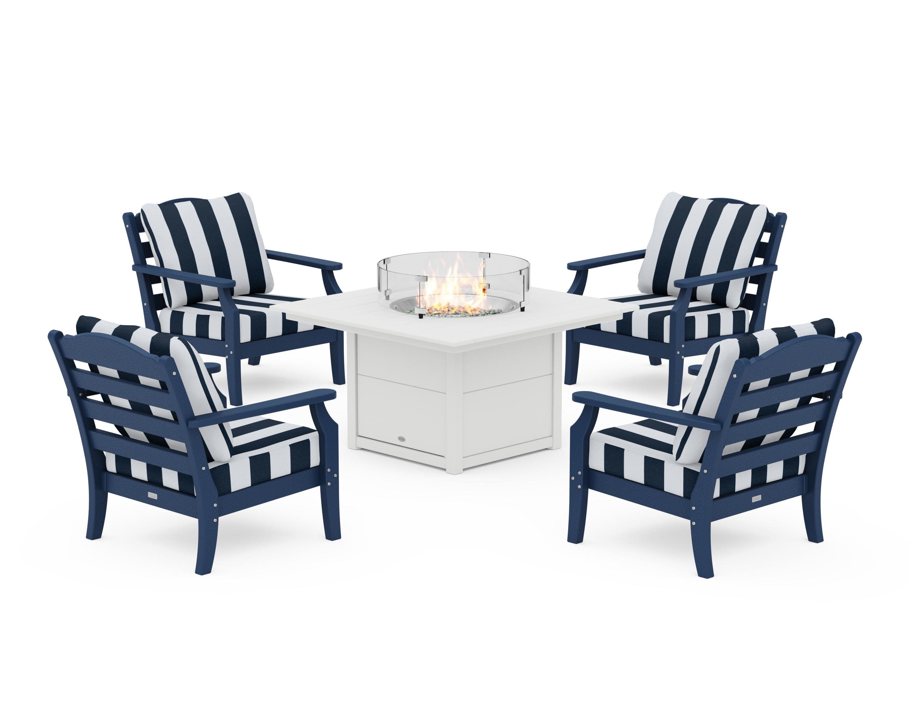 Savannah 5-Piece Deep Seating Set with Fire Pit Table in Navy / Cabana Stripe Marine Indigo