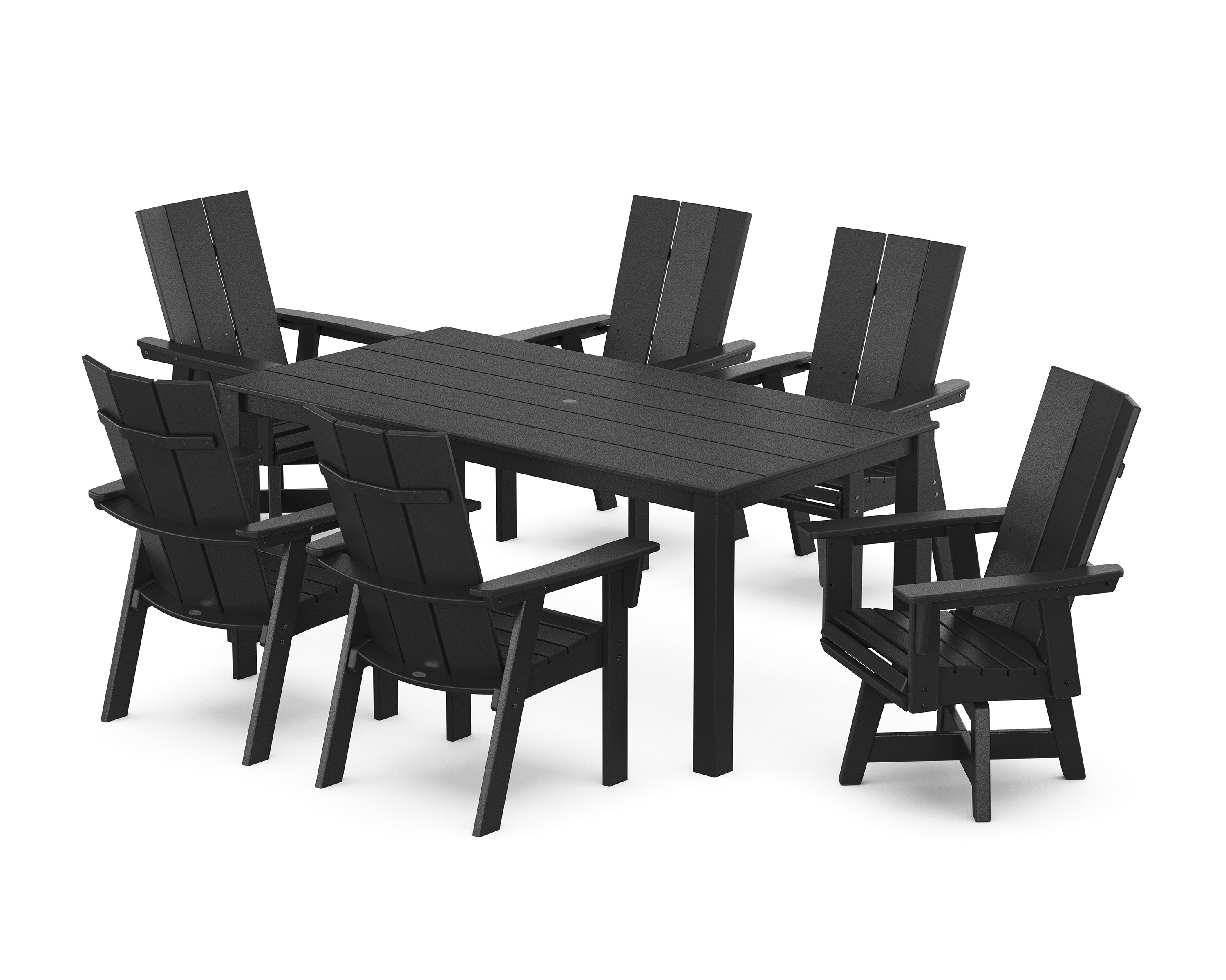 Modern Curveback Adirondack 7-Piece Parsons Swivel Dining Set in Black