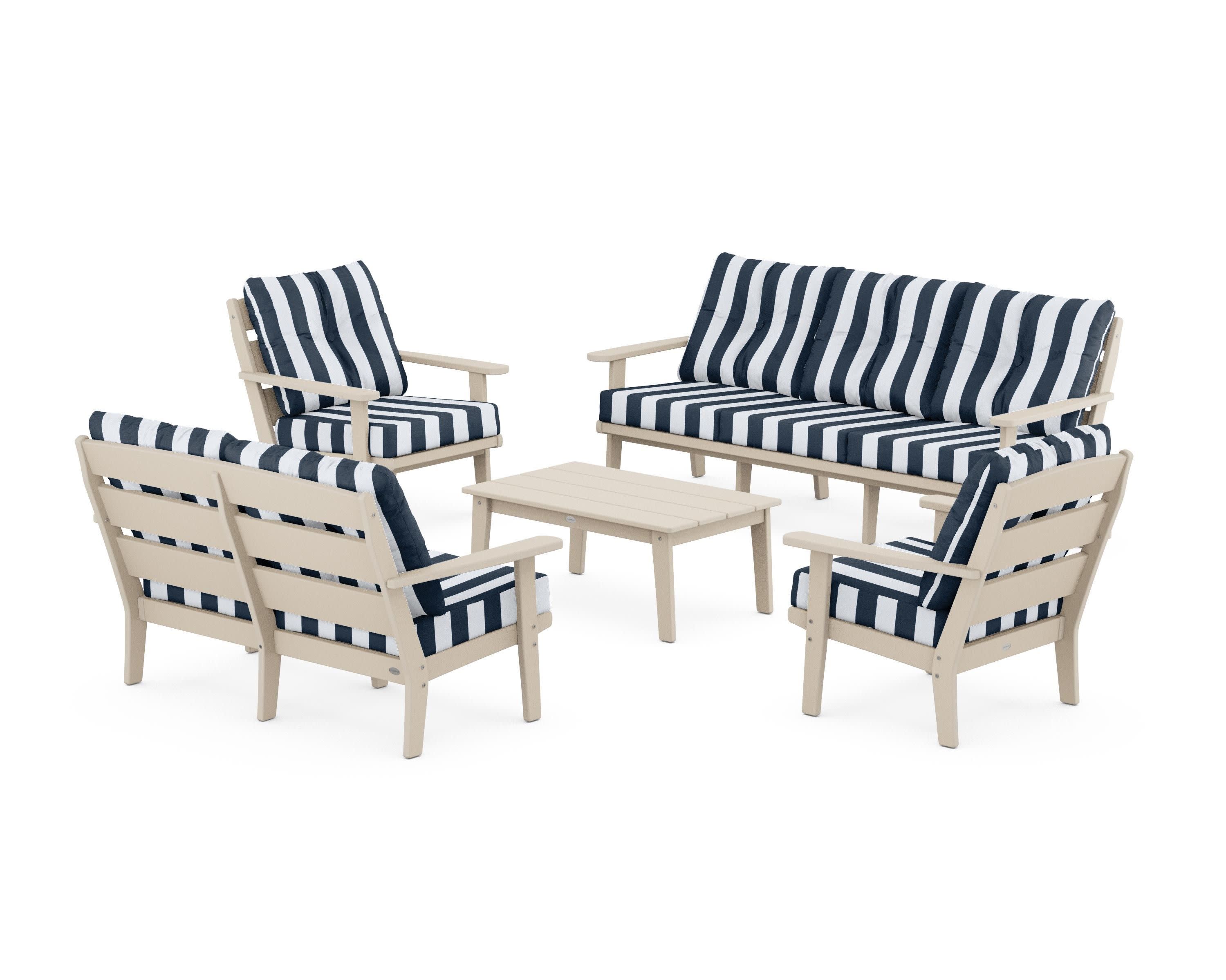 Lakeside 5-Piece Lounge Sofa Set in Sand / Cabana Stripe Marine Indigo