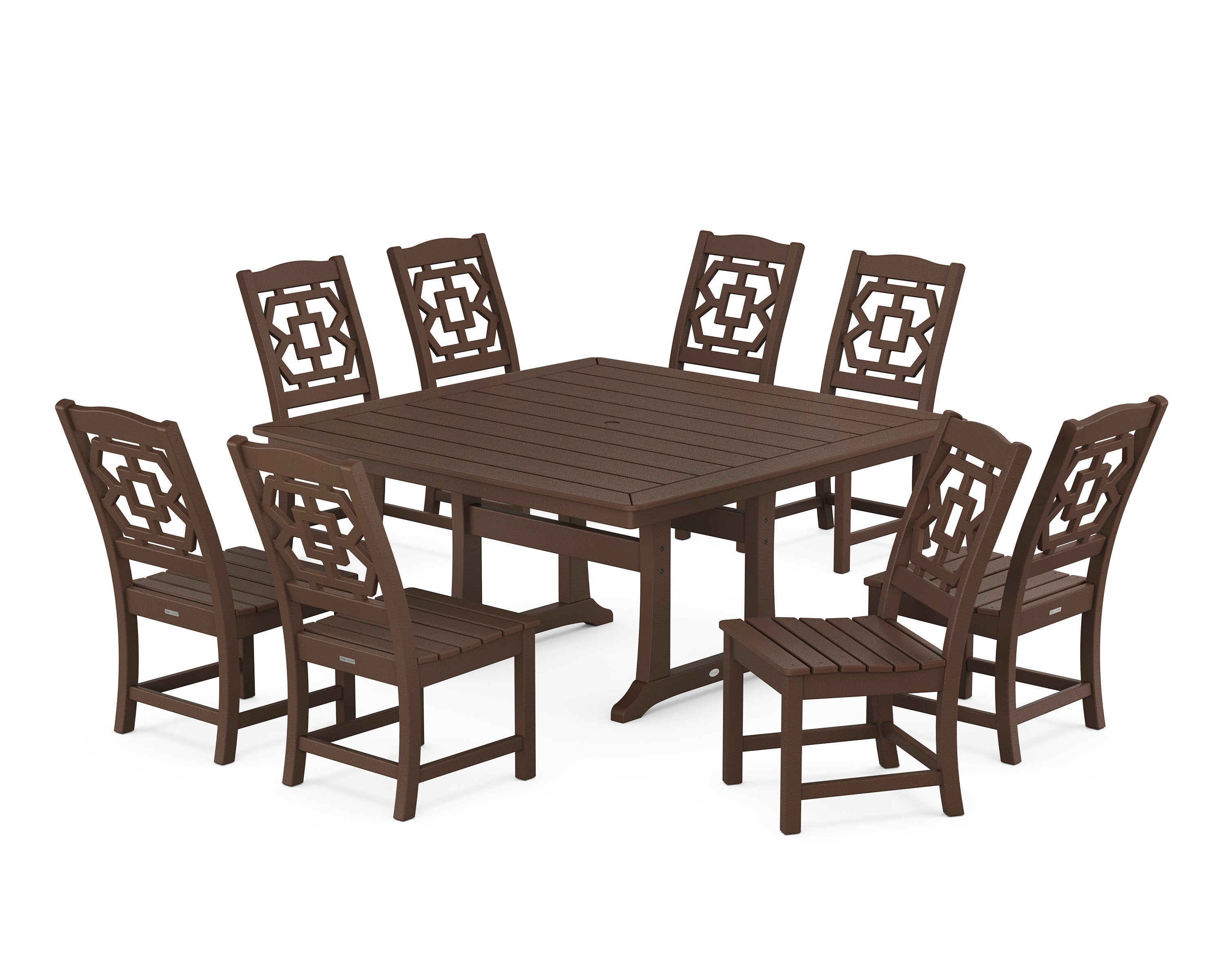 Chinoiserie 9-Piece Square Side Chair Dining Set with Trestle Legs in Mahogany