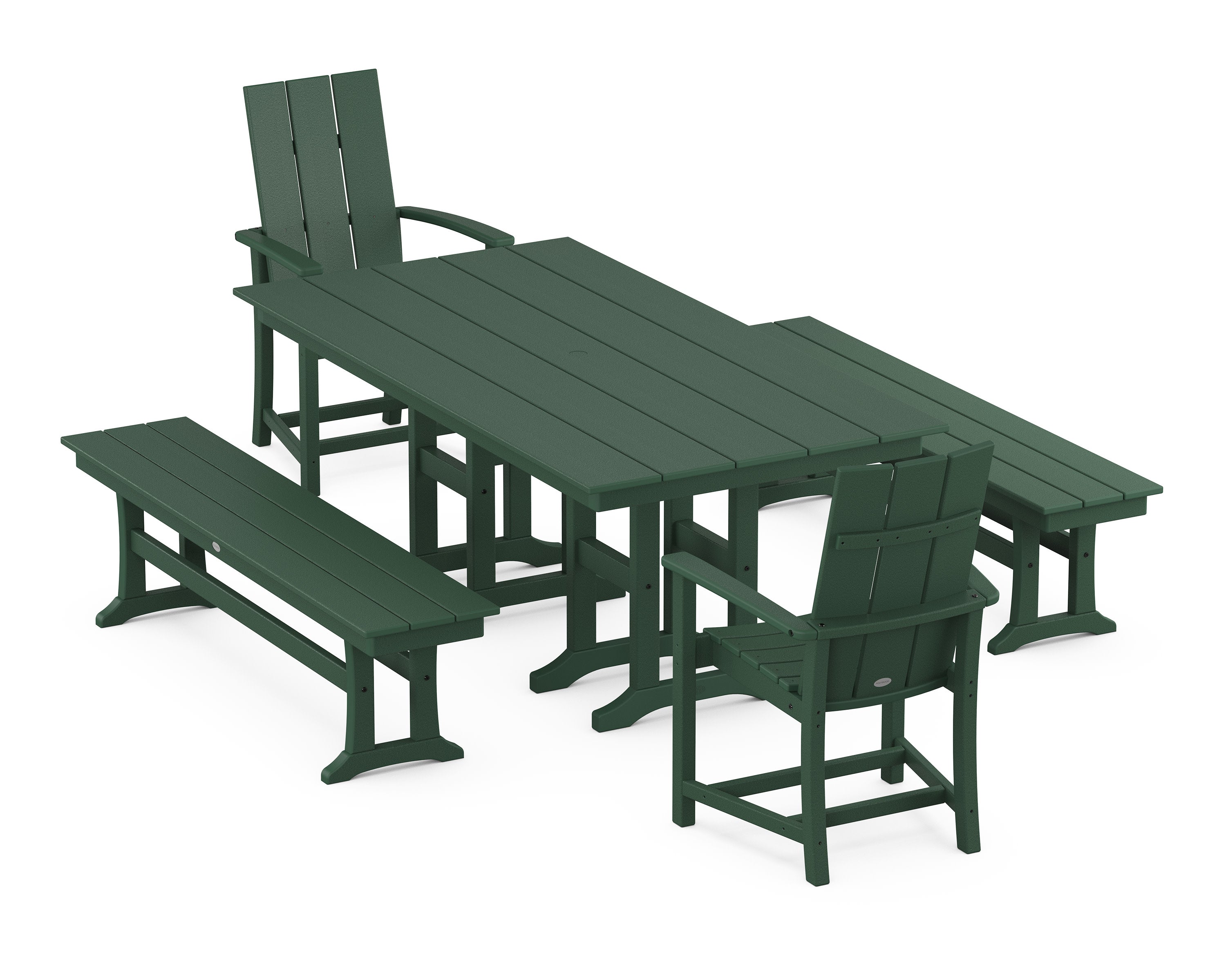 Modern Adirondack 5-Piece Farmhouse Dining Set with Benches in Green