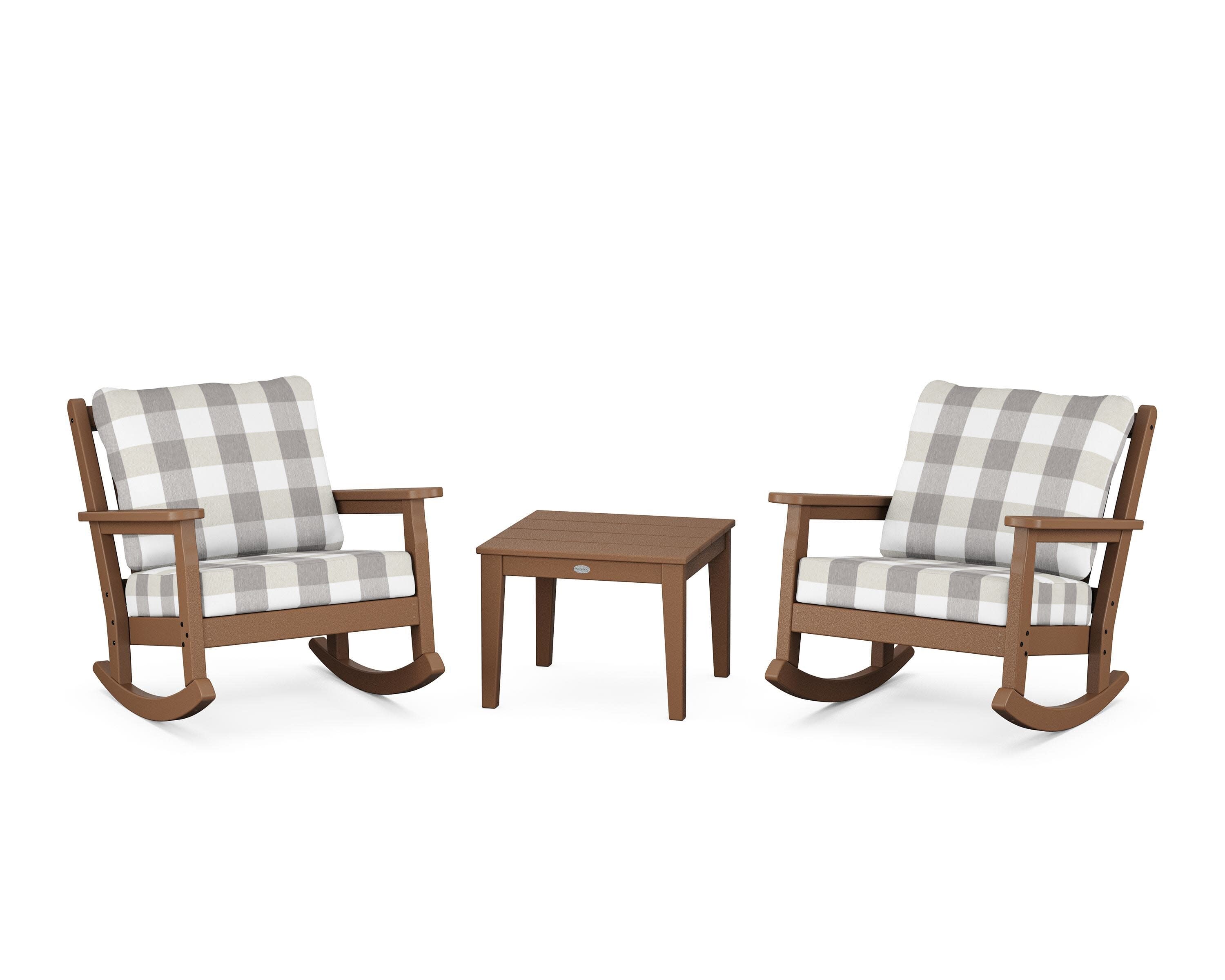 Chippendale 3-Piece Deep Seating Rocker Set in Teak / Buffalo Plaid Grey Mist
