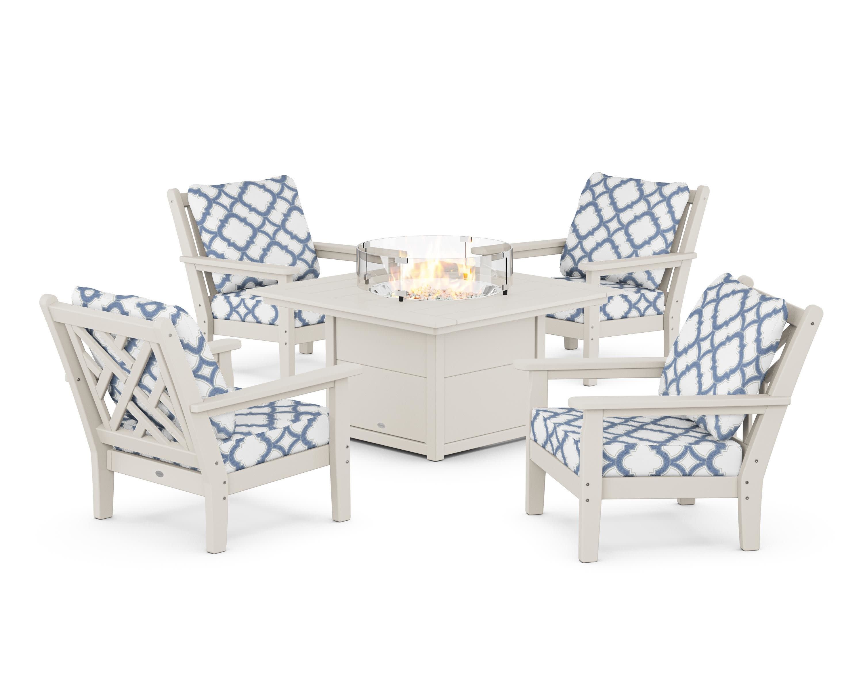 Chippendale 5-Piece Deep Seating Set with Fire Pit Table in Sand / Trellis Sky Blue