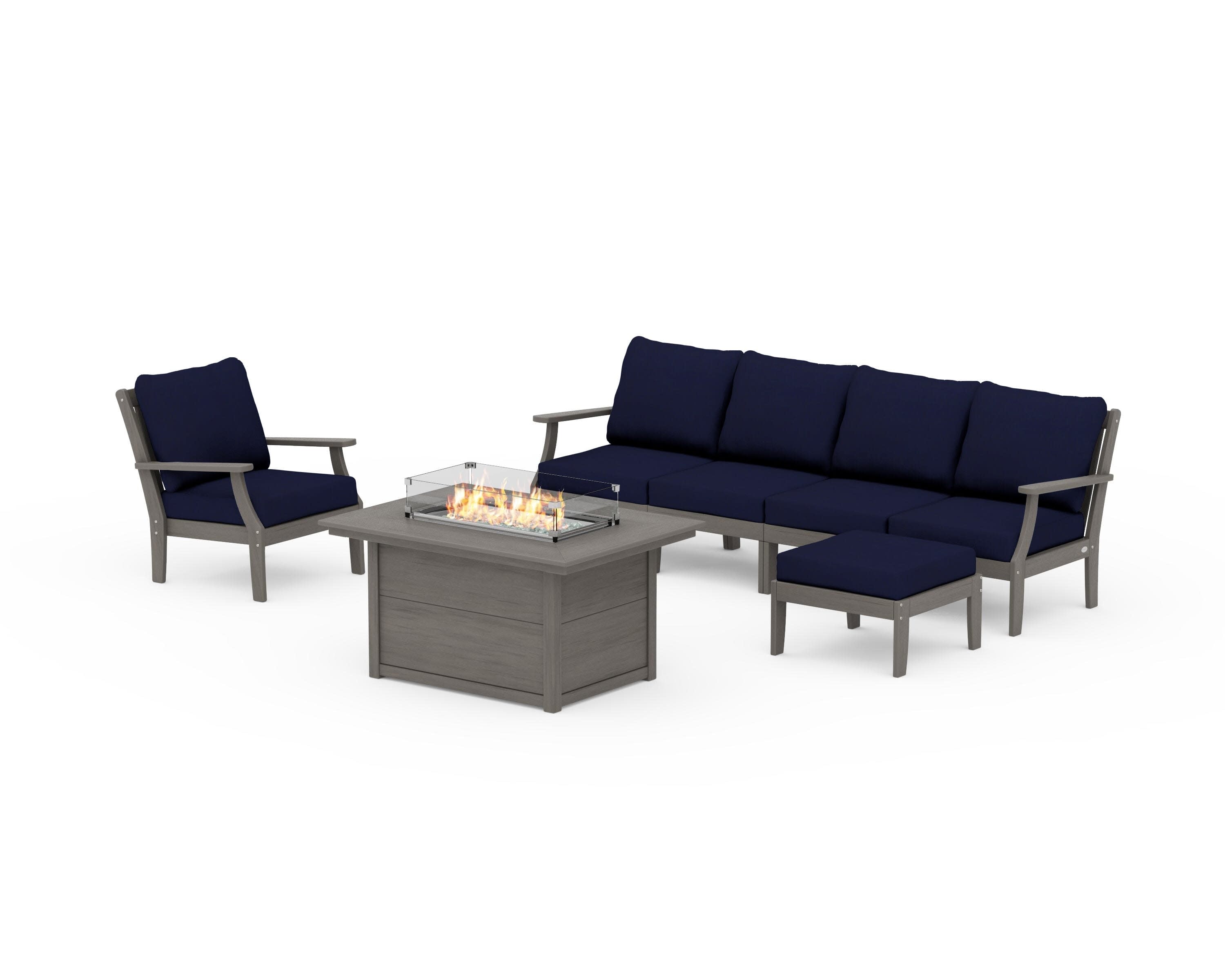 Braxton Sectional Lounge and Fire Pit Set in Driftwood / Navy