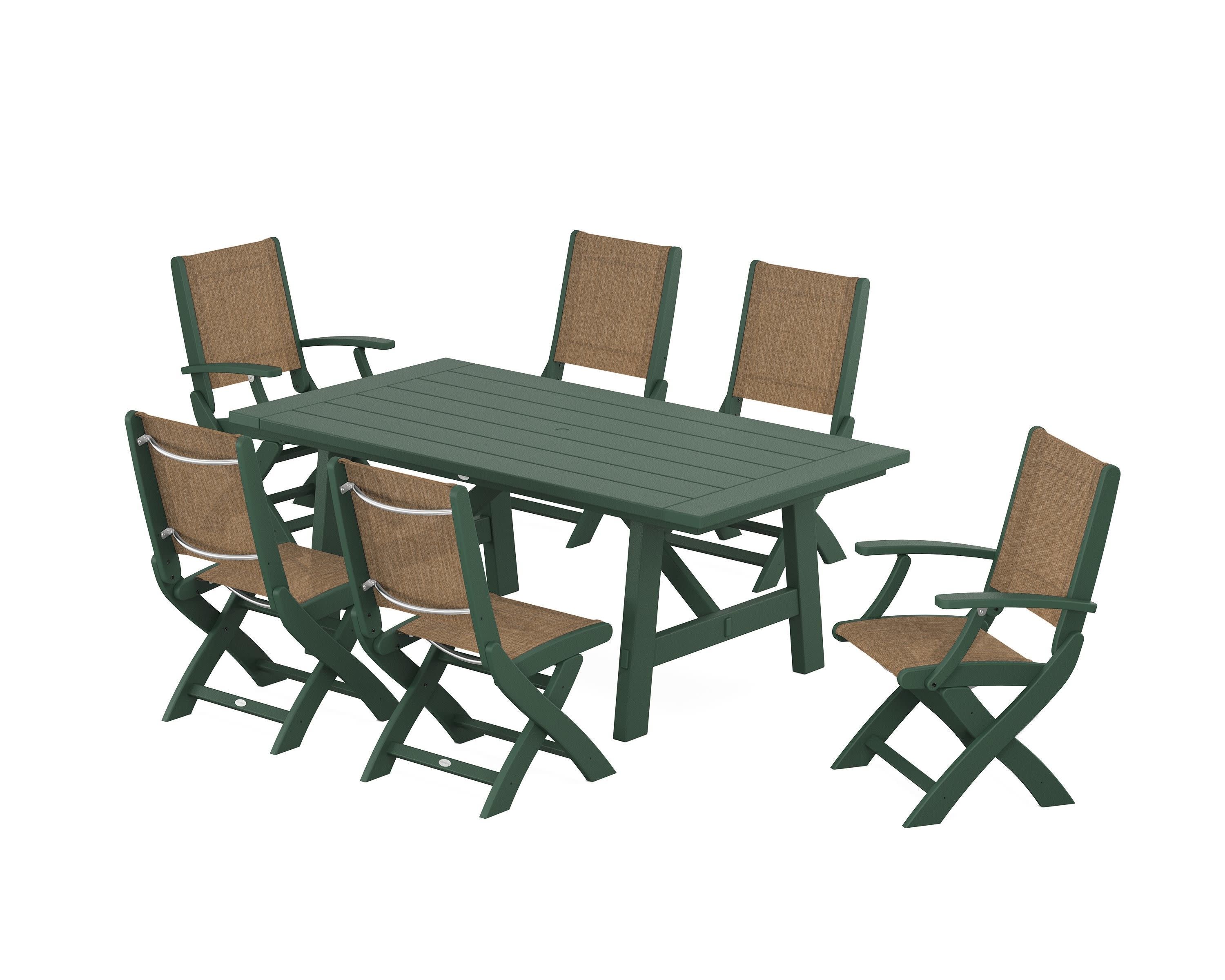 Coastal Folding Chair 7-Piece Rustic Farmhouse Dining Set in Green / Burlap Sling