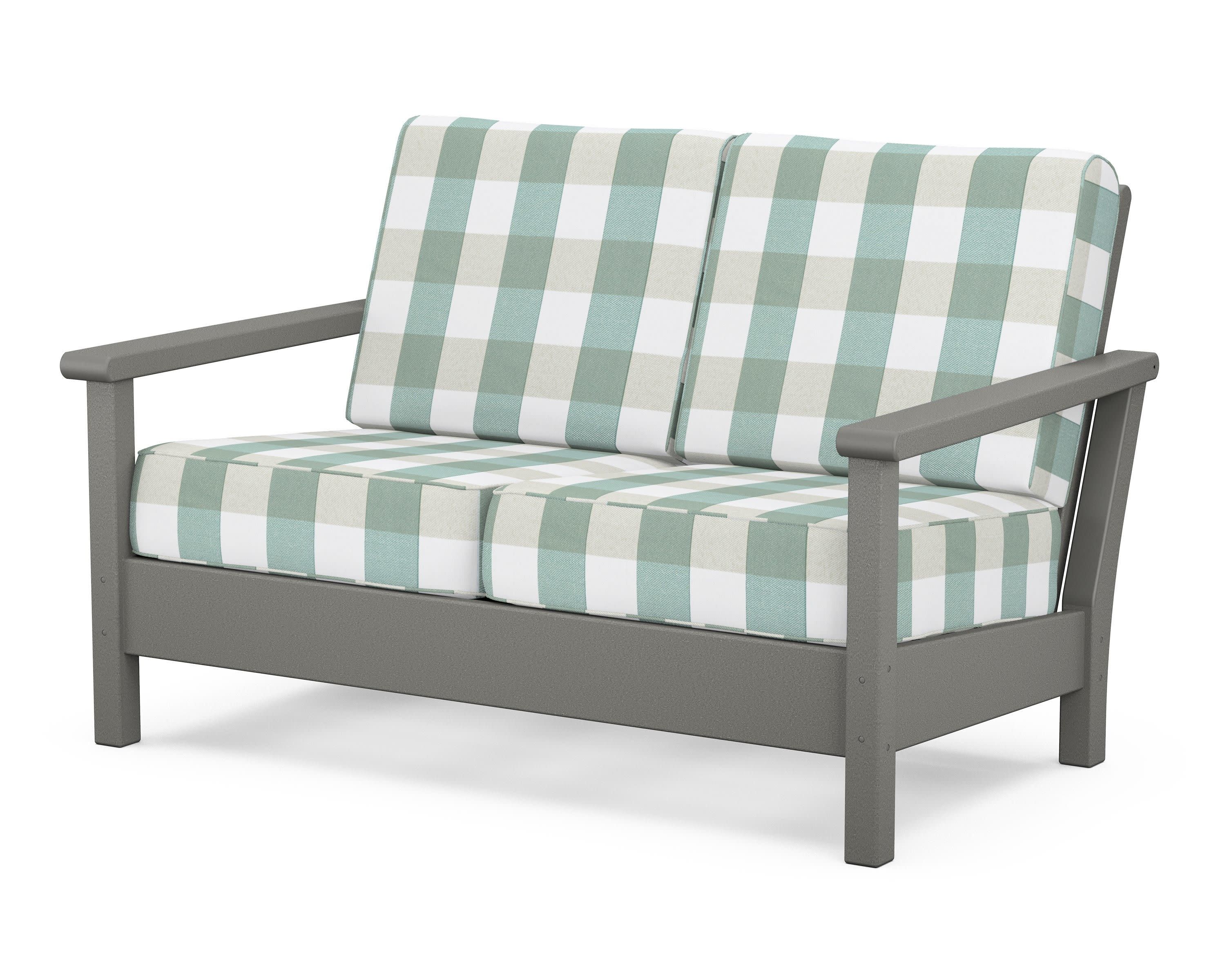 Harbour Deep Seating Loveseat in Slate Grey / Buffalo Plaid Glacier Spa