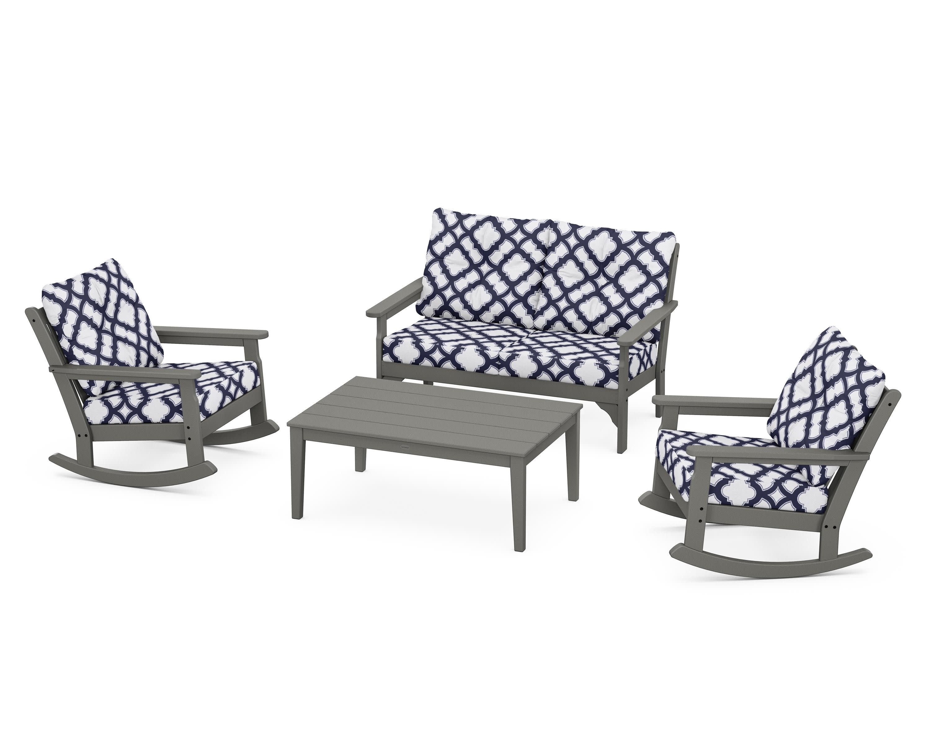 Vineyard 4-Piece Deep Seating Rocking Chair Set in Slate Grey / Trellis Navy