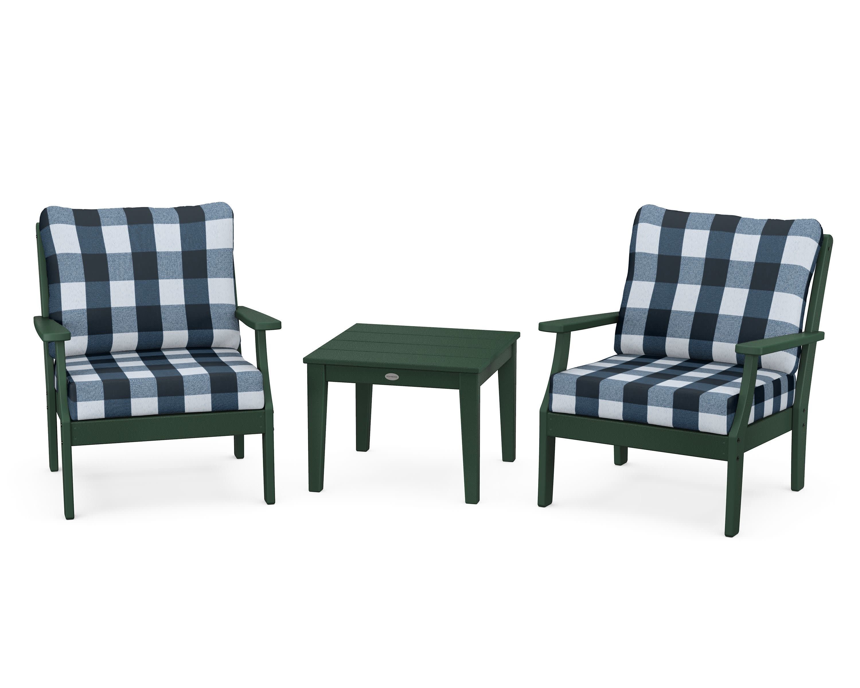 Braxton 3-Piece Deep Seating Set in Green / Buffalo Plaid Marine Indigo