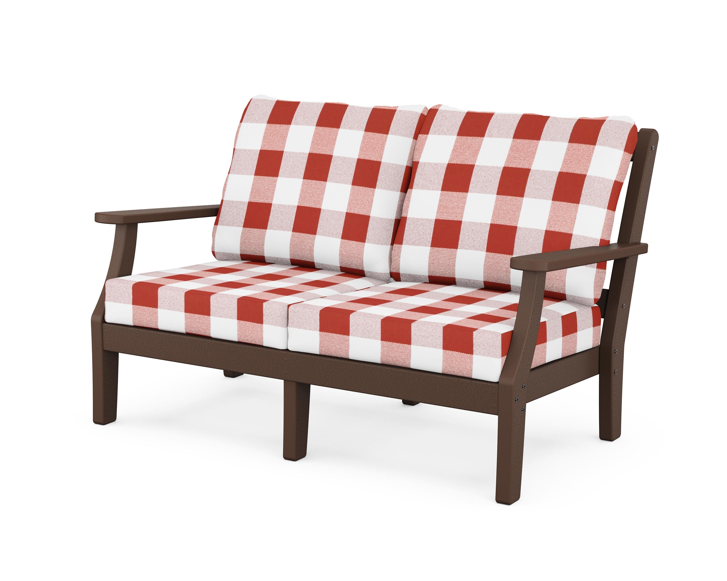 Chinoiserie Deep Seating Loveseat in Mahogany / Buffalo Plaid Crimson