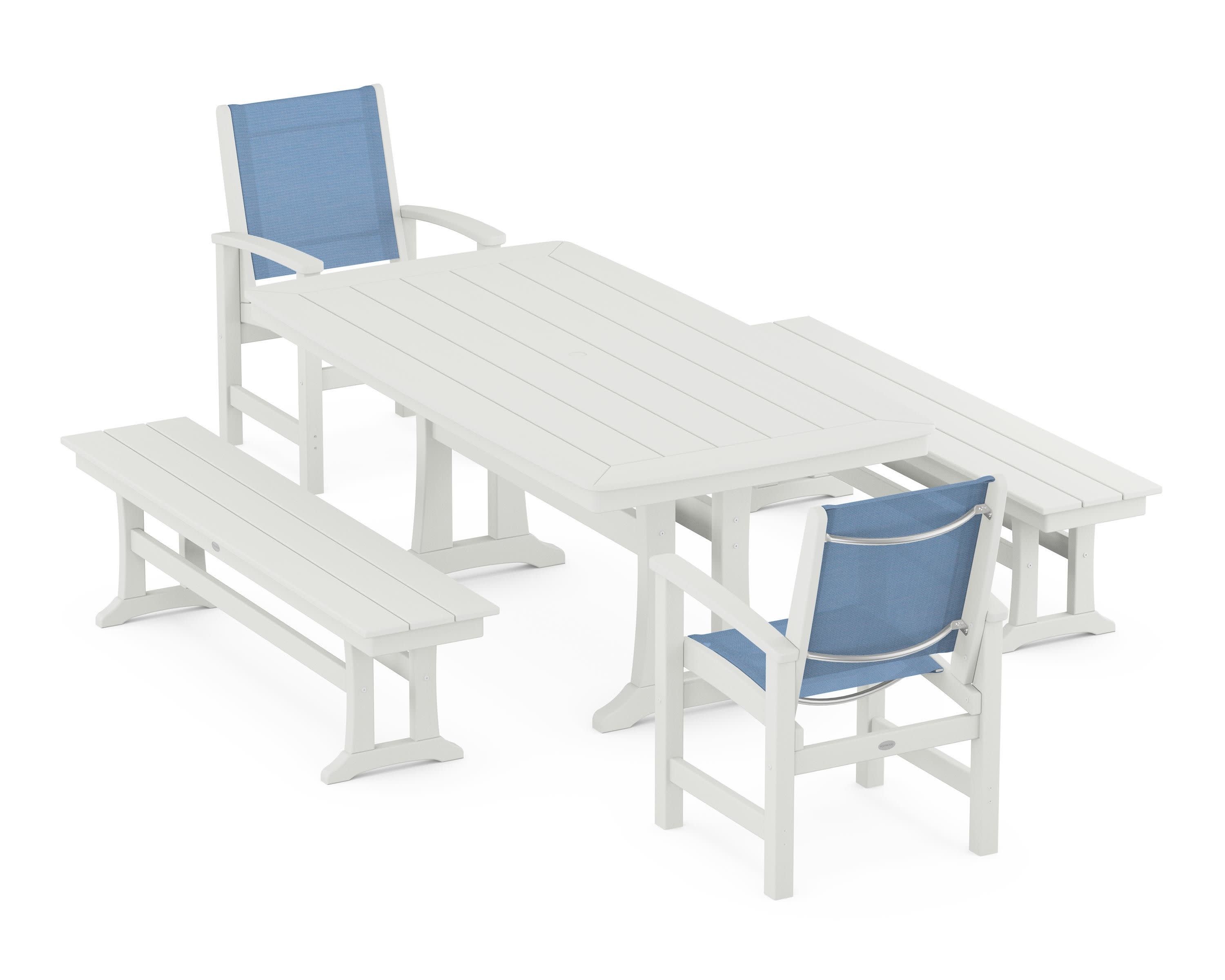 Coastal 5-Piece Dining Set with Trestle Legs and Benches in Vintage White / Poolside Sling