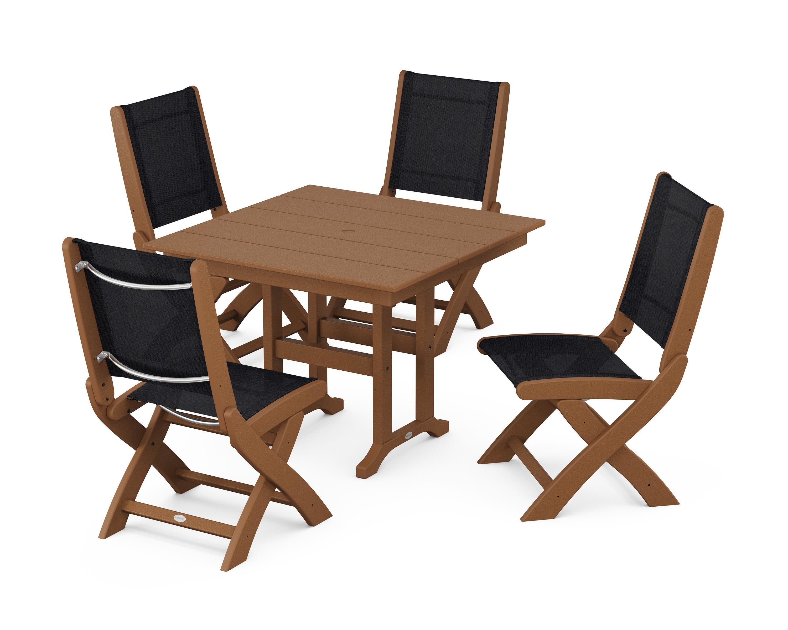Coastal Folding Side Chair 5-Piece Farmhouse Dining Set in Teak / Black Sling
