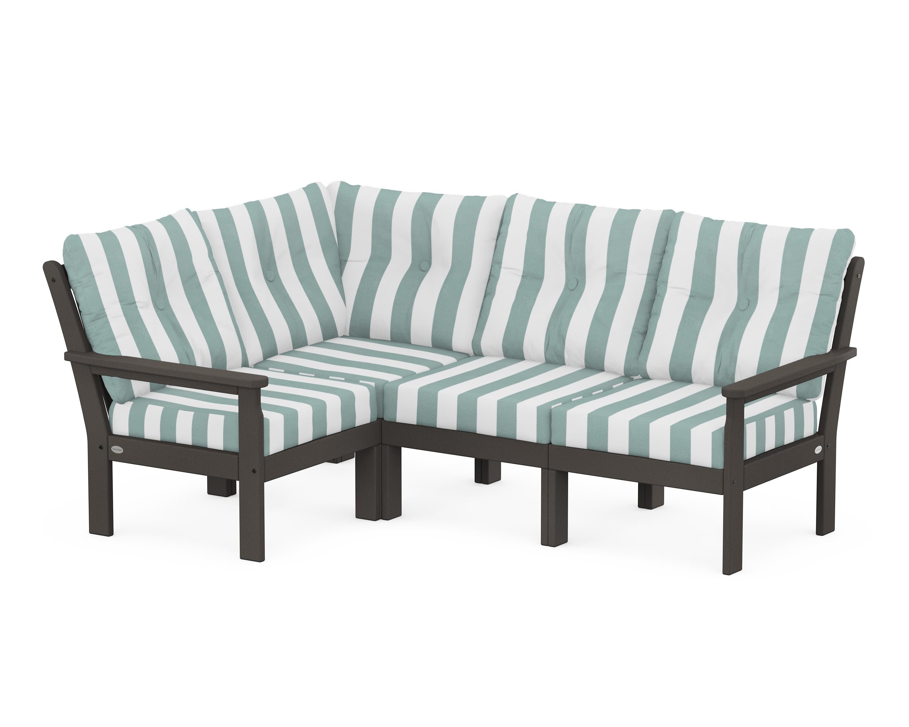Vineyard 4-Piece Sectional in Vintage Coffee / Cabana Stripe Glacier Spa