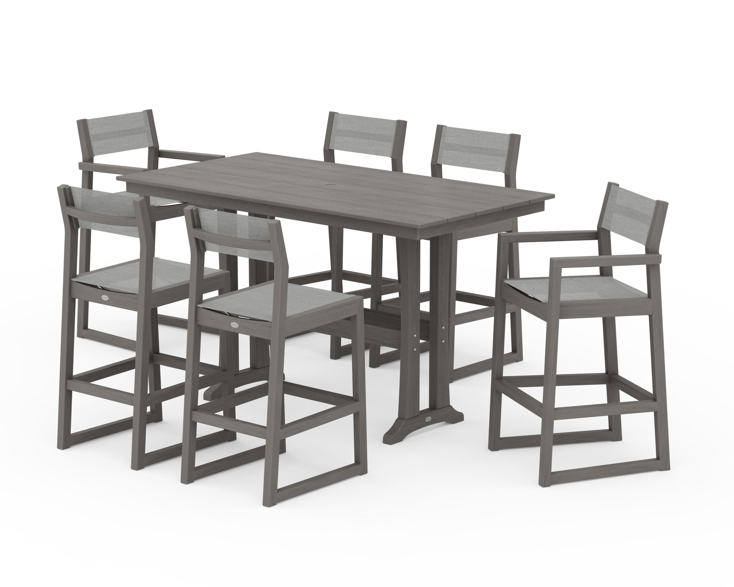 EDGE Sling 7-Piece Farmhouse Bar Set with Trestle Legs in Driftwood / Metallic Sling