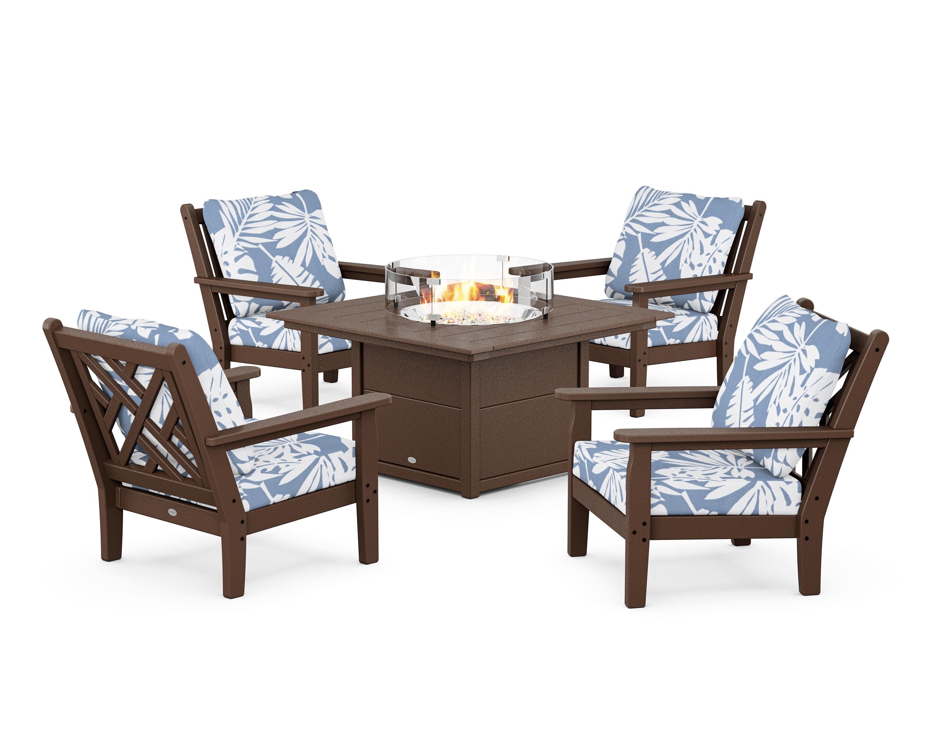 Chippendale 5-Piece Deep Seating Set with Fire Pit Table in Mahogany / Leaf Sky Blue