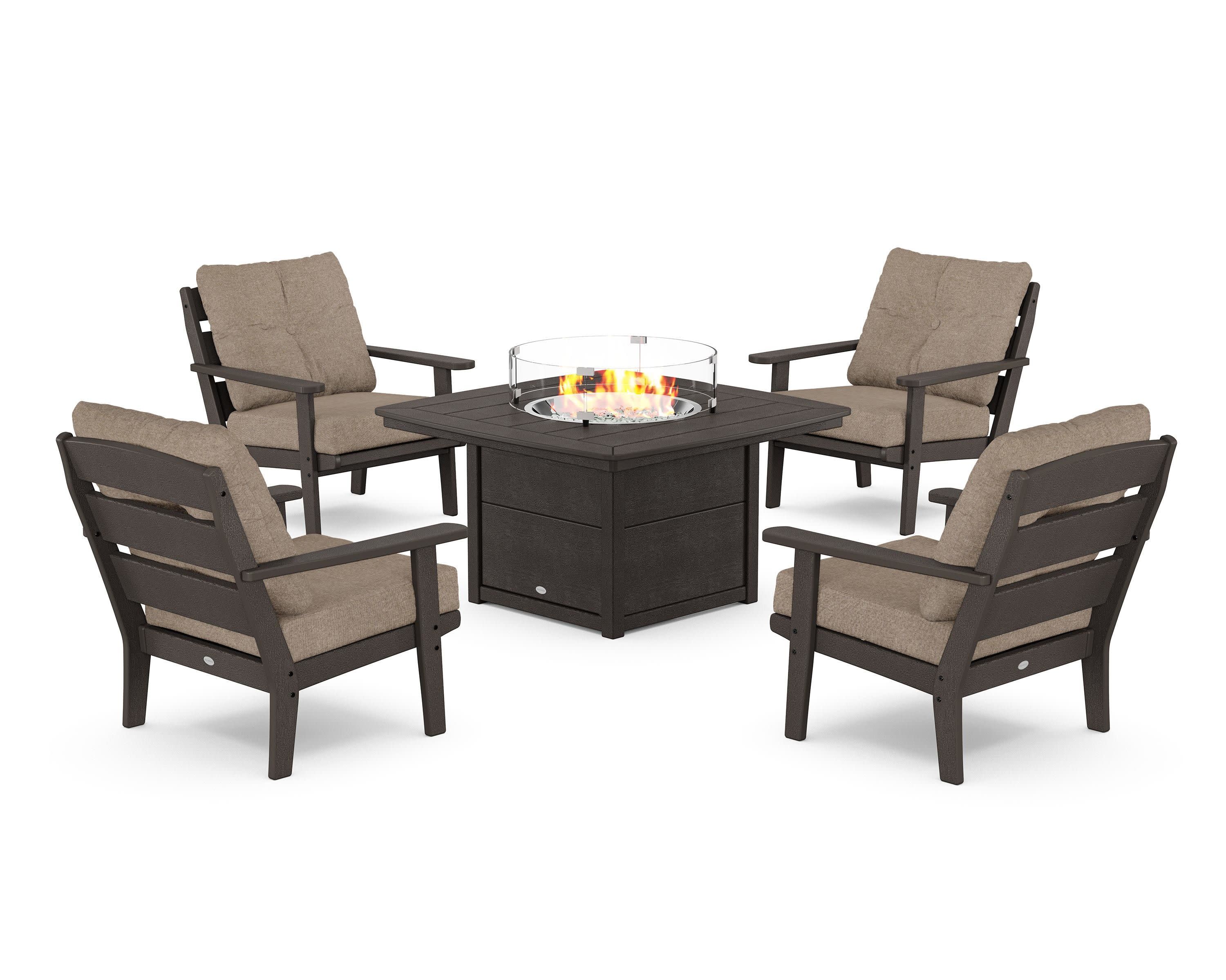 Lakeside 5-Piece Deep Seating Set with Nautical Fire Pit Table in Vintage Coffee / Spiced Burlap