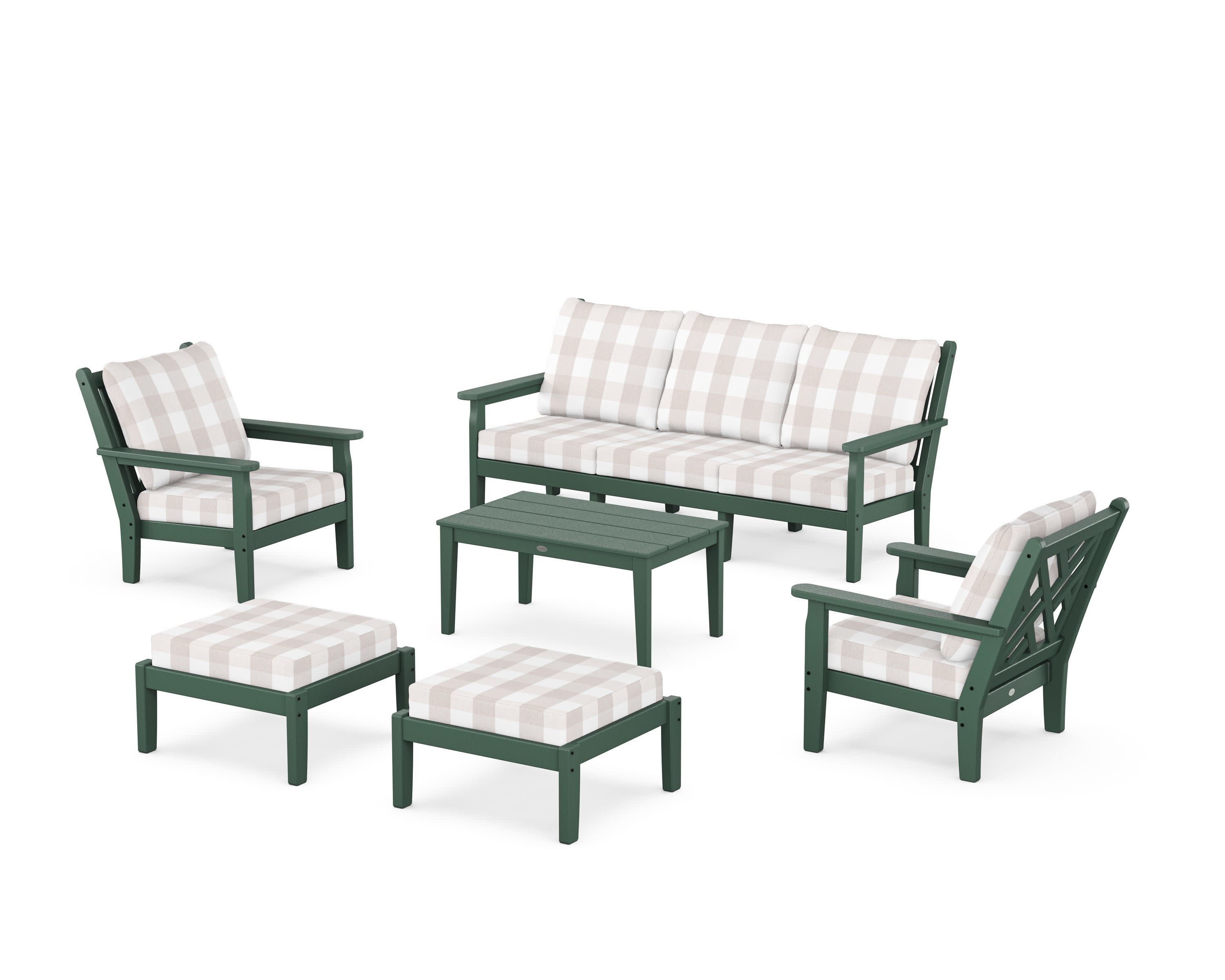 Chippendale 6-Piece Lounge Sofa Set in Green / Buffalo Plaid Dune Burlap