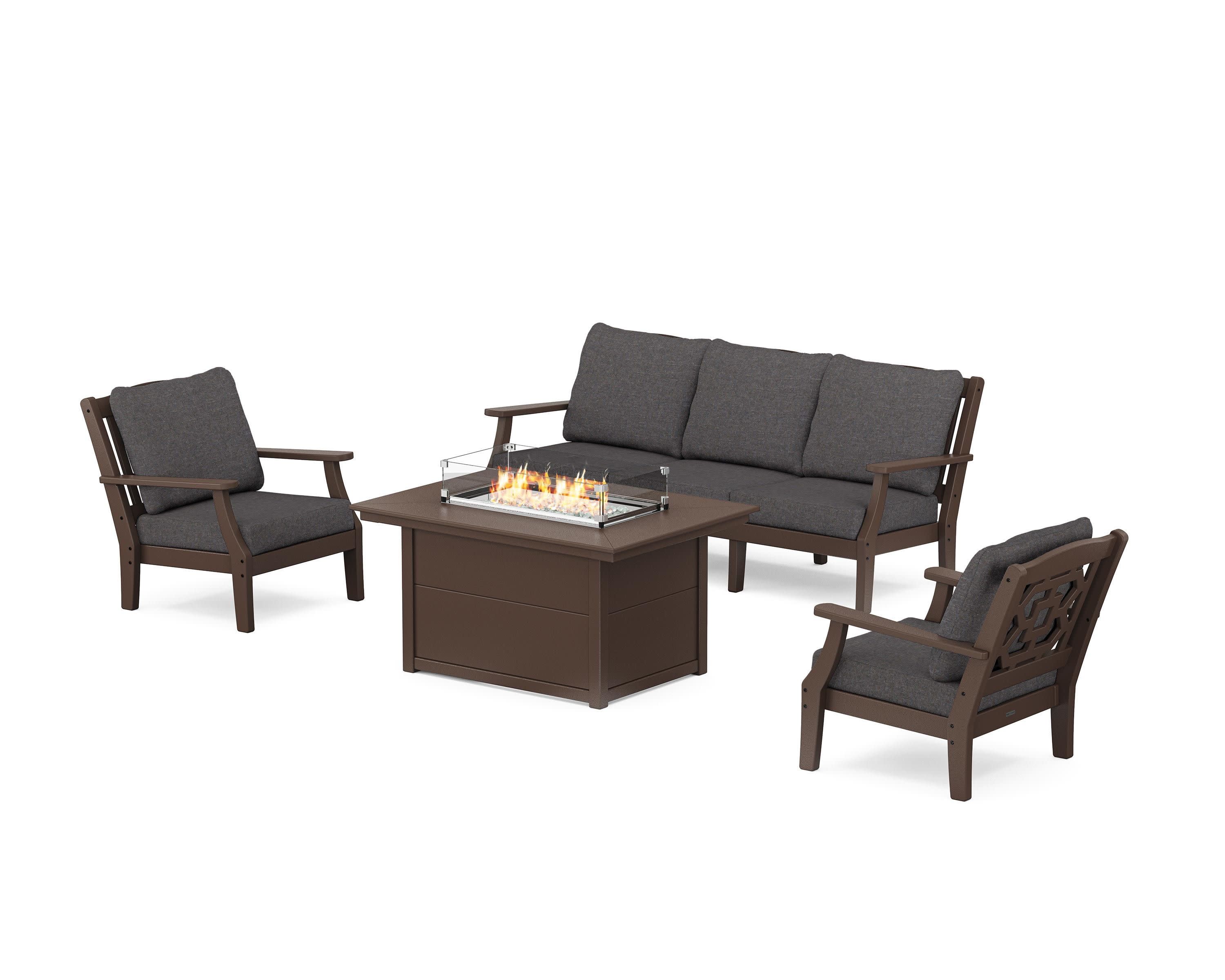Chinoiserie Deep Seating Fire Pit Table Set in Mahogany / Ash Charcoal