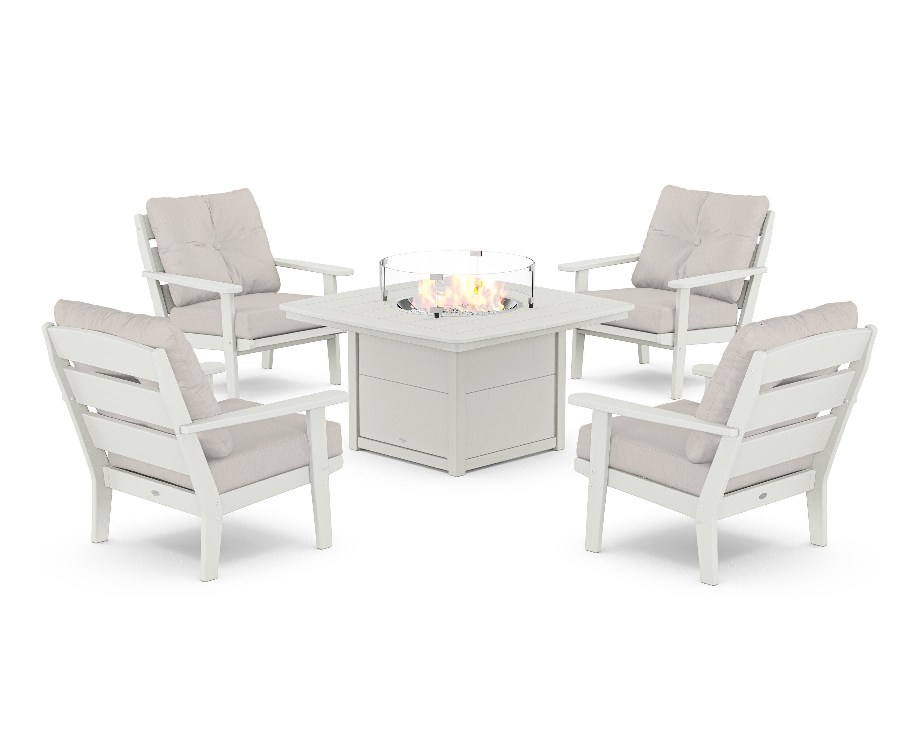 Lakeside 5-Piece Deep Seating Set with Nautical Fire Pit Table in Vintage White / Cast Ash