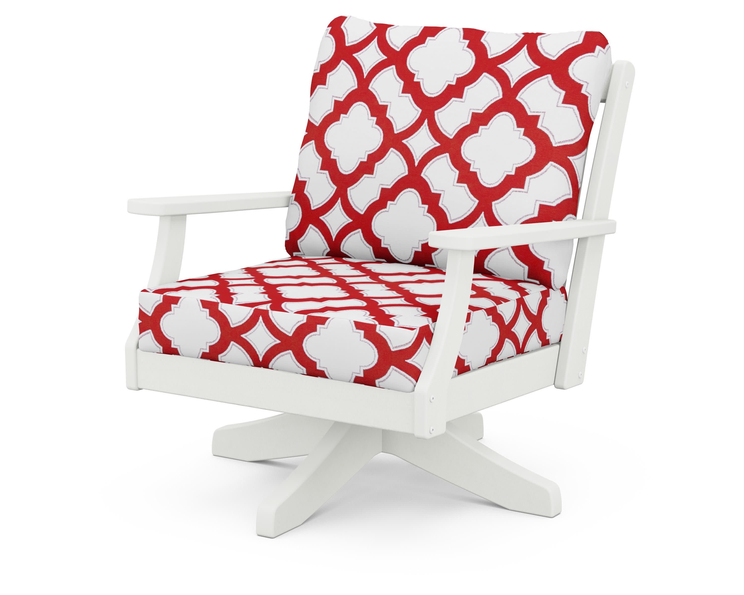 Braxton Deep Seating Swivel Chair in Vintage White / Trellis Crimson
