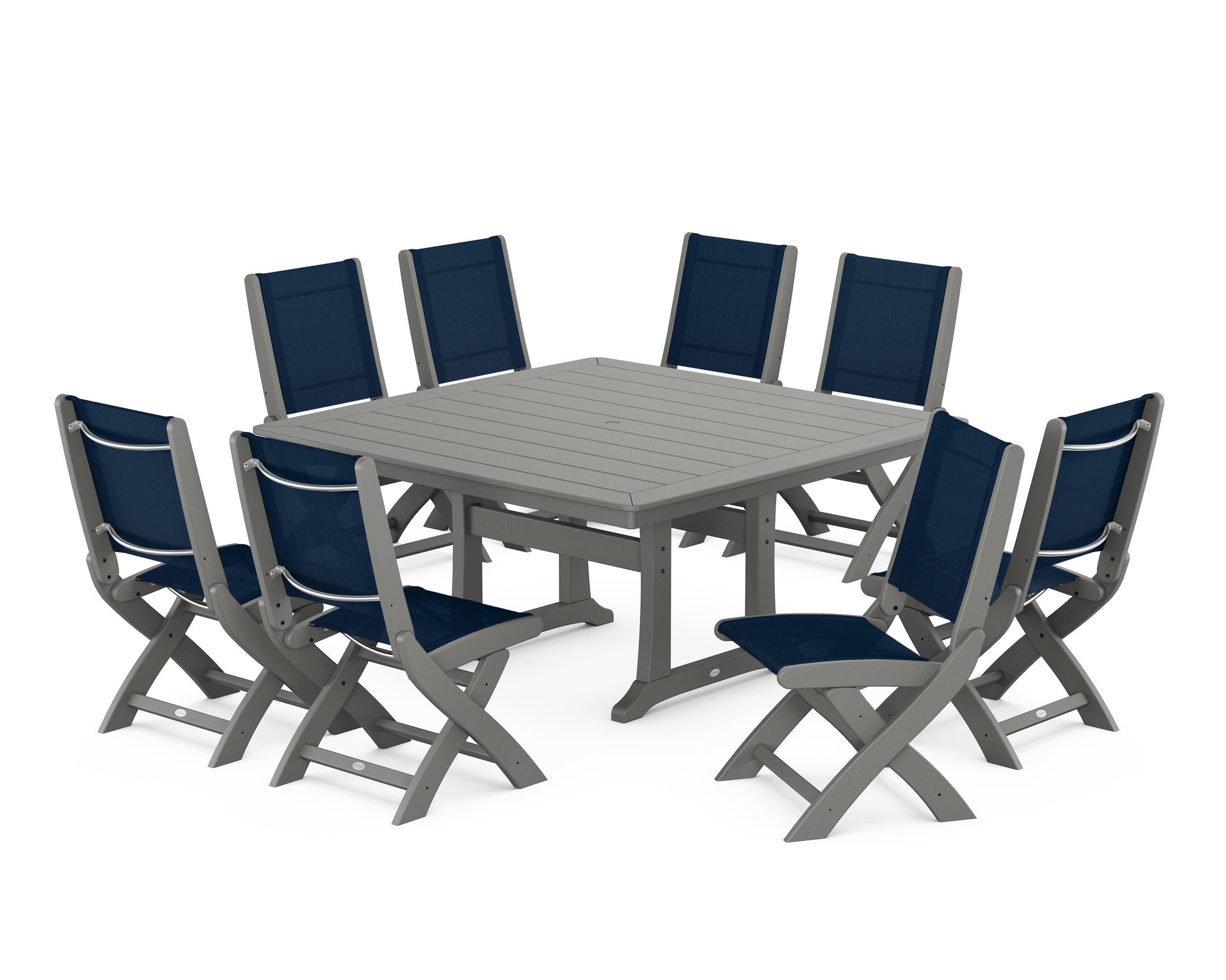 Coastal Folding Side Chair 9-Piece Dining Set with Trestle Legs in Slate Grey / Navy Blue Sling