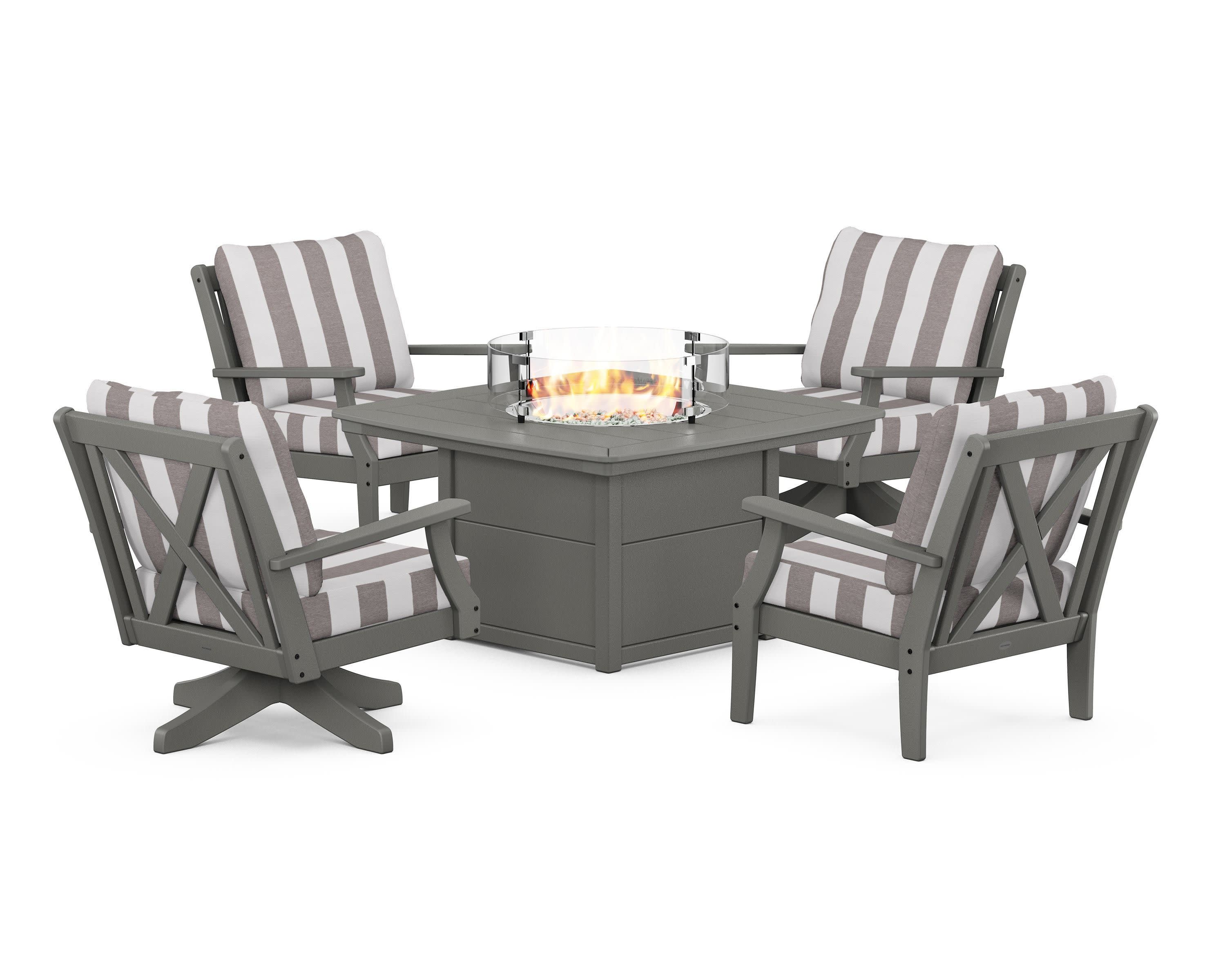 Braxton 5-Piece Deep Seating Set with Fire Table in Slate Grey / Cabana Stripe Grey Mist
