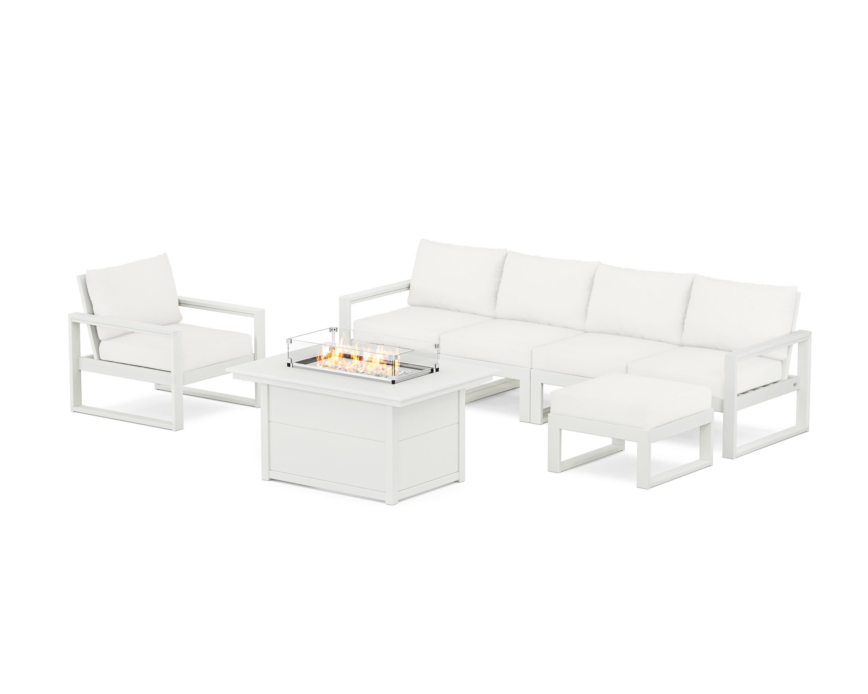 EDGE Sectional Lounge and Fire Pit Set in Vintage White / Natural Linen