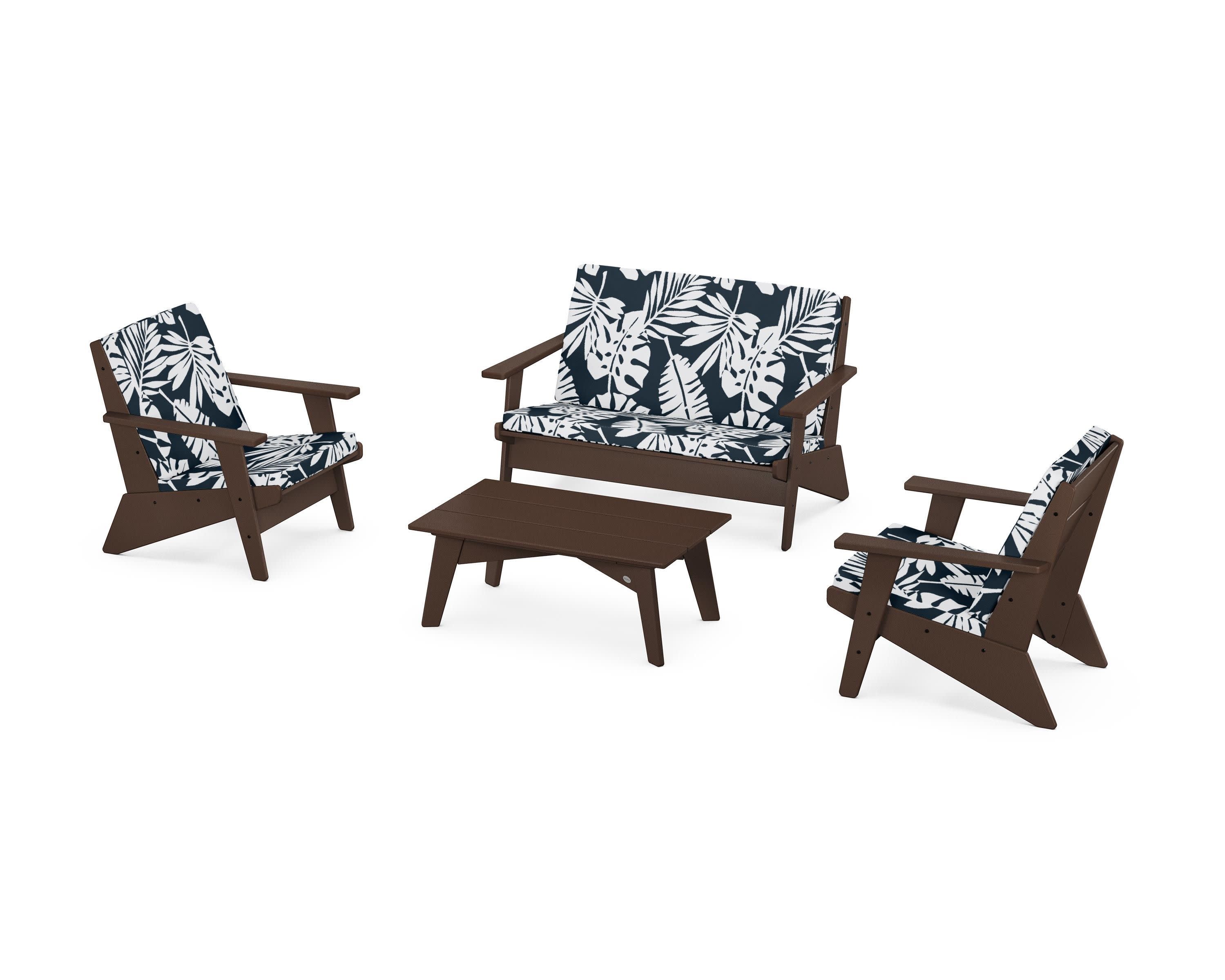 Riviera Modern Lounge 4-Piece Set in Mahogany / Leaf Marine Indigo