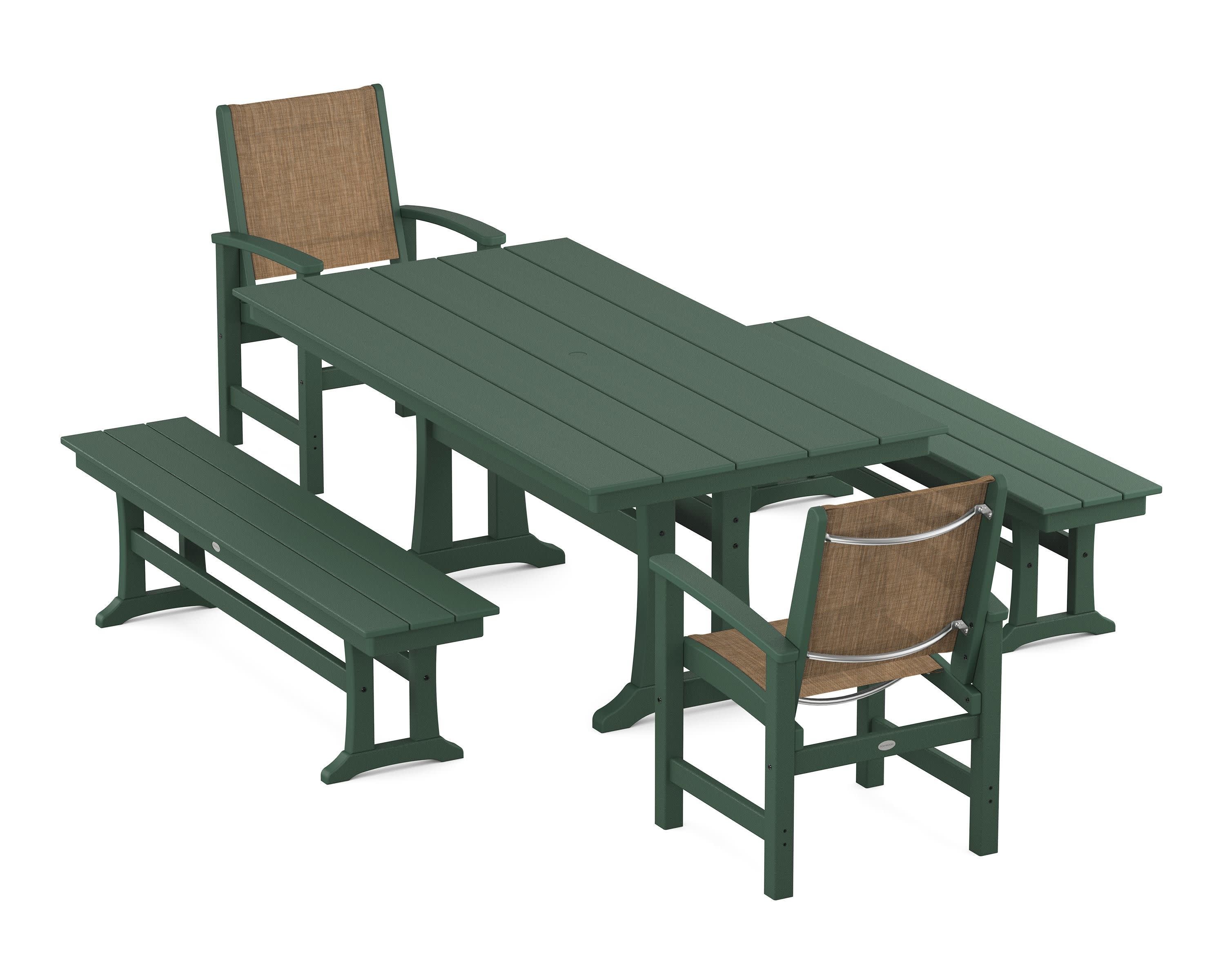 Coastal 5-Piece Farmhouse Dining Set with Trestle Legs and Benches in Green / Burlap Sling