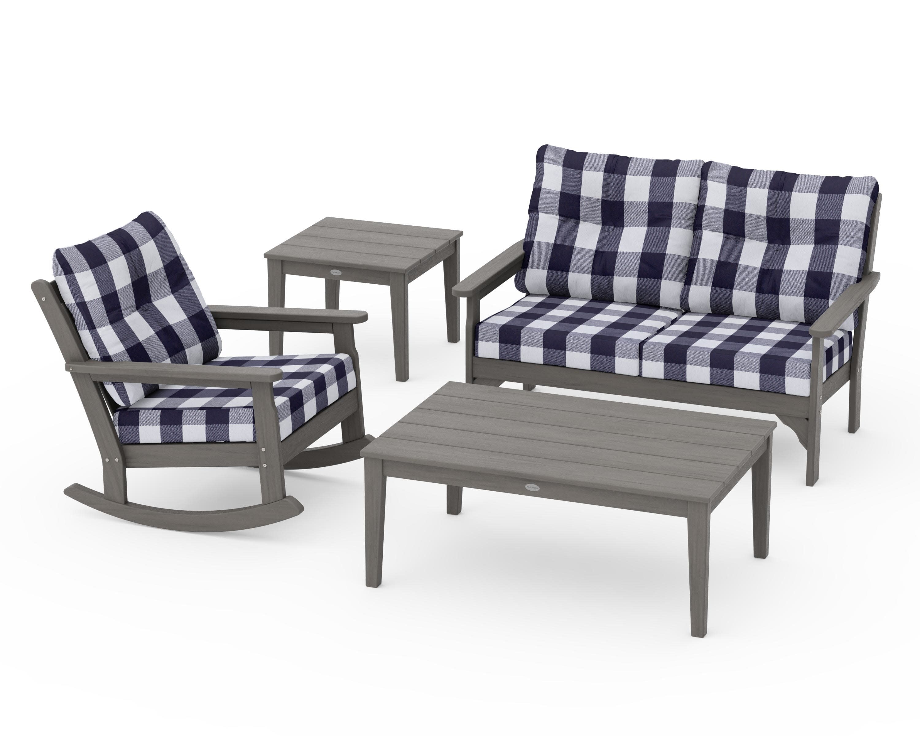 Vineyard 4-Piece Deep Seating Rocker Set in Driftwood / Buffalo Plaid Navy