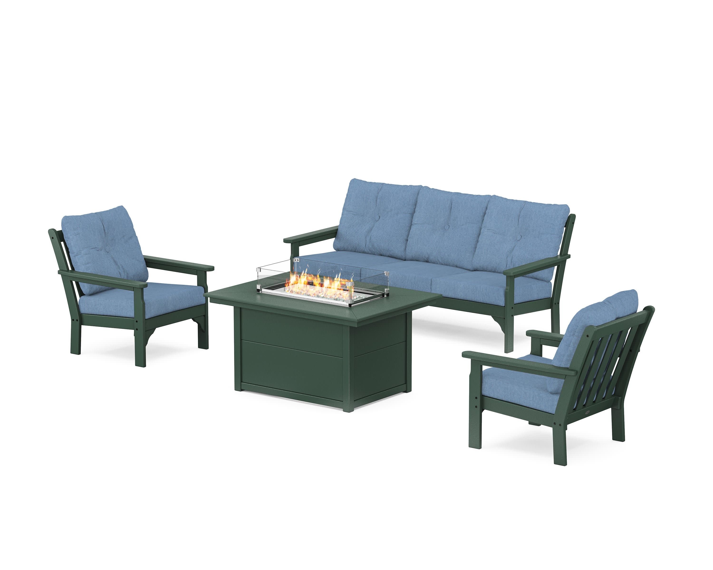 Vineyard Deep Seating Fire Pit Table Set in Green / Sky Blue