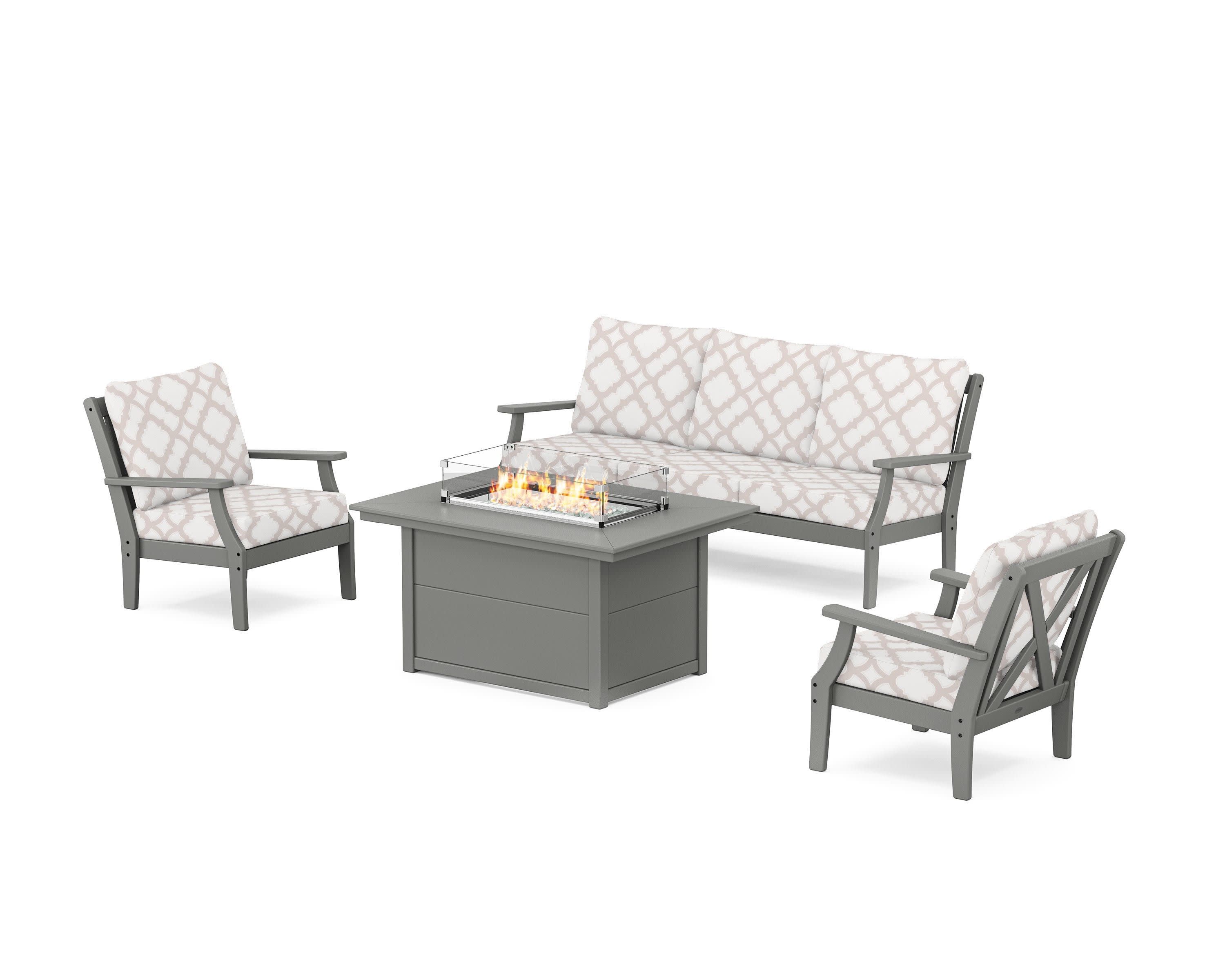 Braxton Deep Seating Fire Pit Table Set in Slate Grey / Trellis Dune Burlap