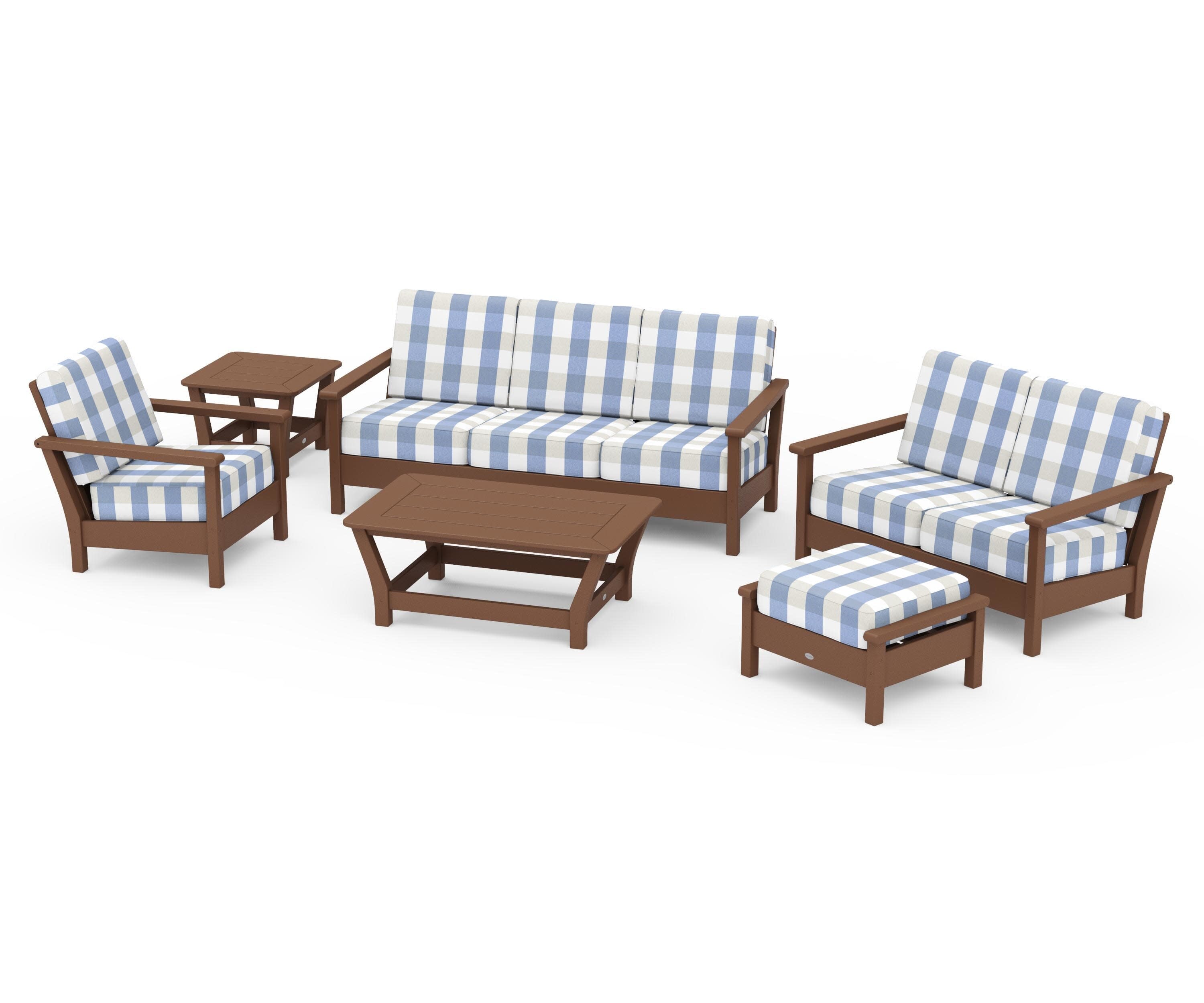 Harbour 6-Piece Outdoor Living Set in Teak / Buffalo Plaid Sky Blue