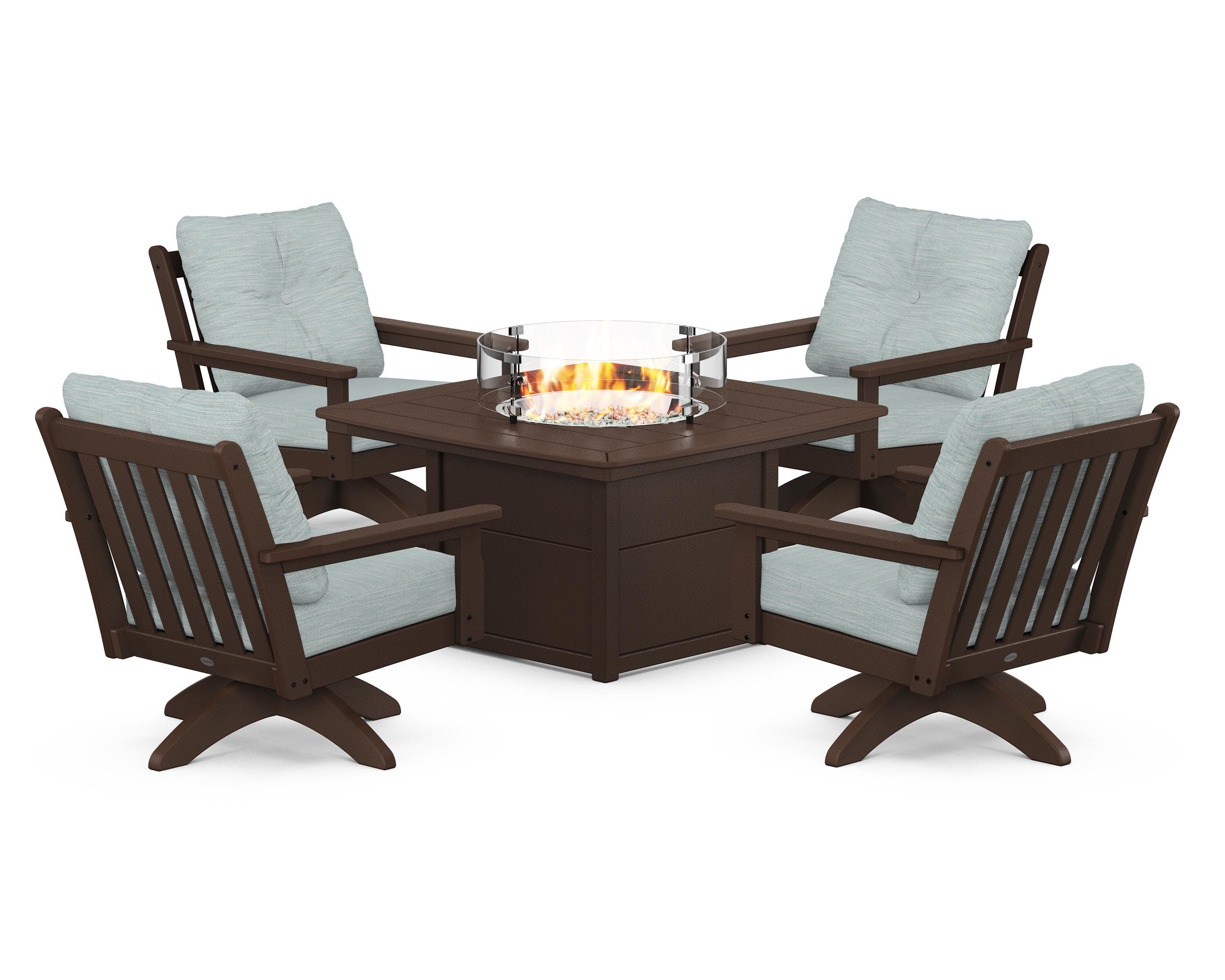 Vineyard 5-Piece Deep Seating Swivel Conversation Set with Fire Pit Table in Mahogany / Soothe Mist
