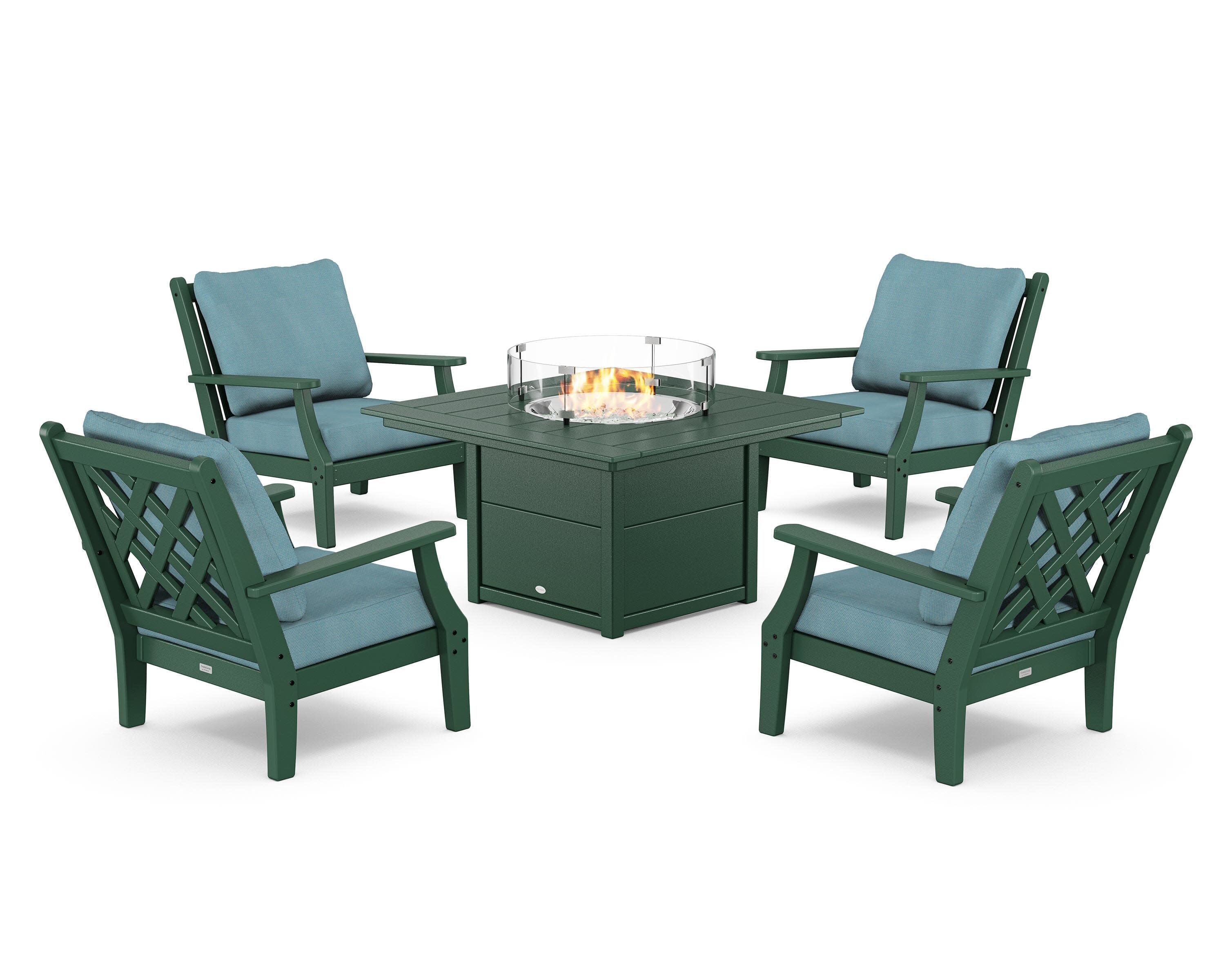 Wovendale 5-Piece Deep Seating Set with Fire Pit Table in Green / Lattice Sky Blue