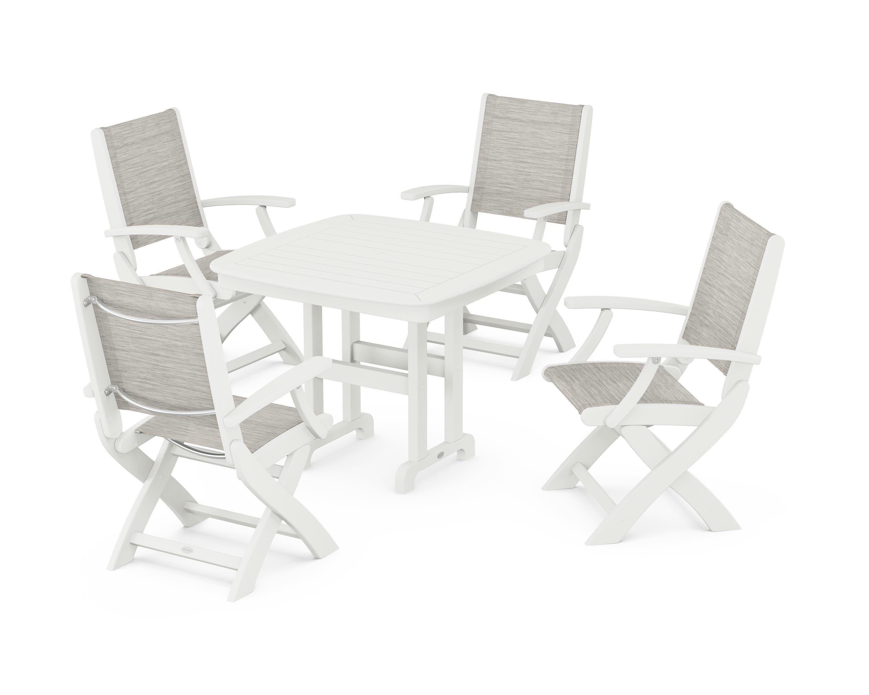 Coastal Folding Chair 5-Piece Dining Set in Vintage White / Birch Sling