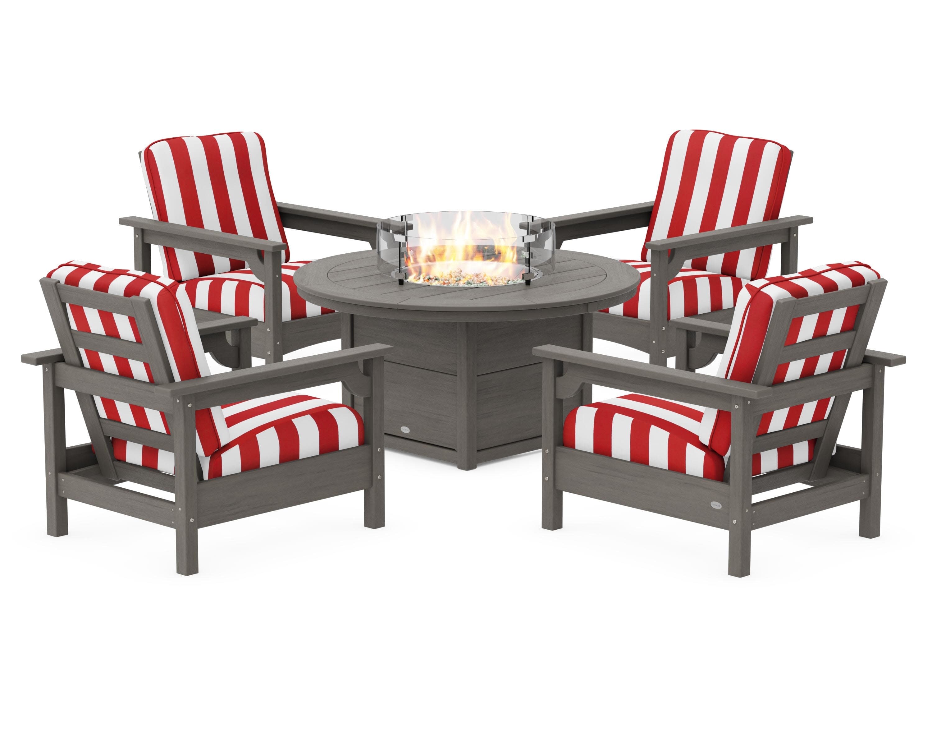 Club 5-Piece Conversation Set with Fire Pit Table in Driftwood / Cabana Stripe Crimson