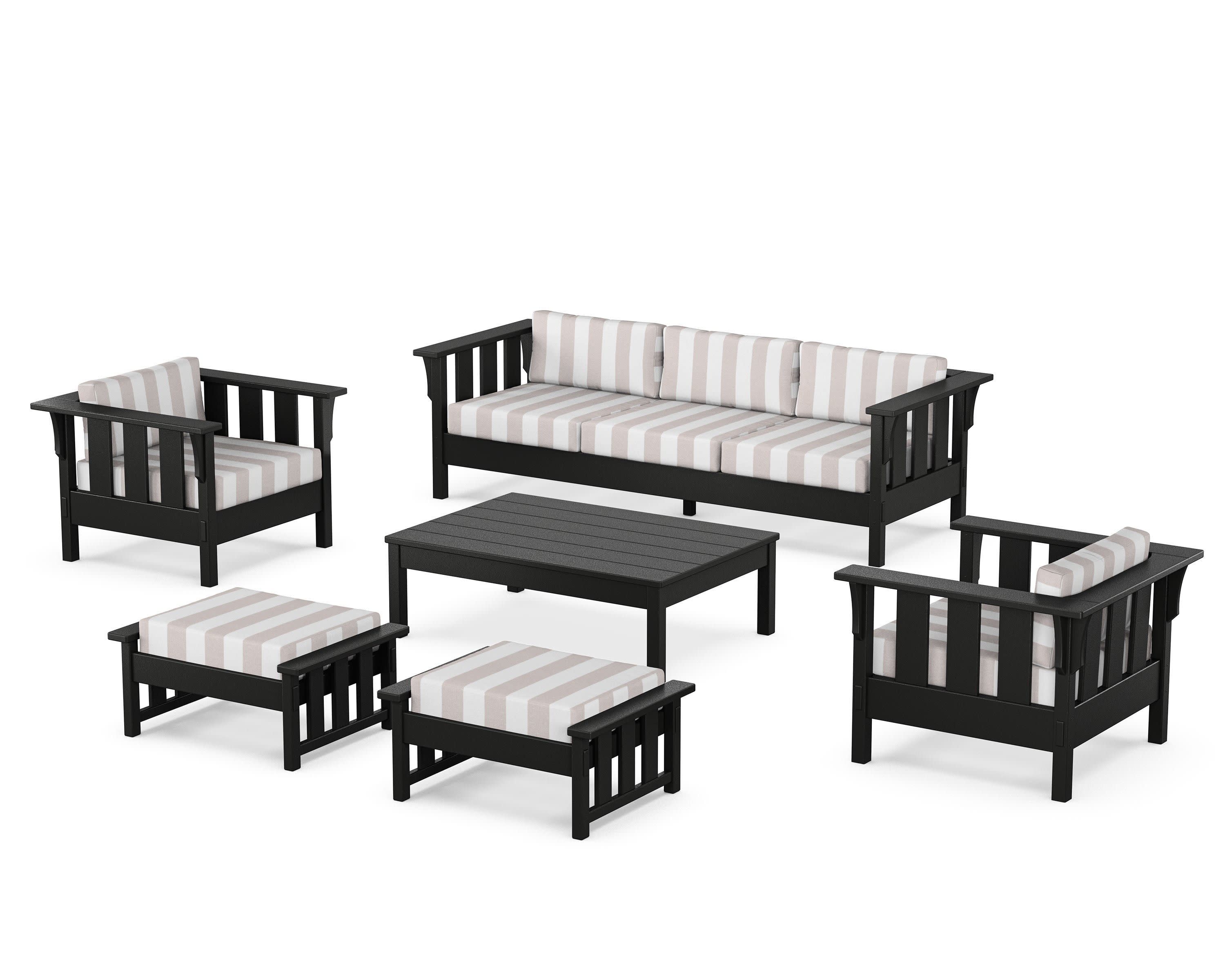 Acadia 6-Piece Lounge Sofa Set in Black / Cabana Stripe Dune Burlap