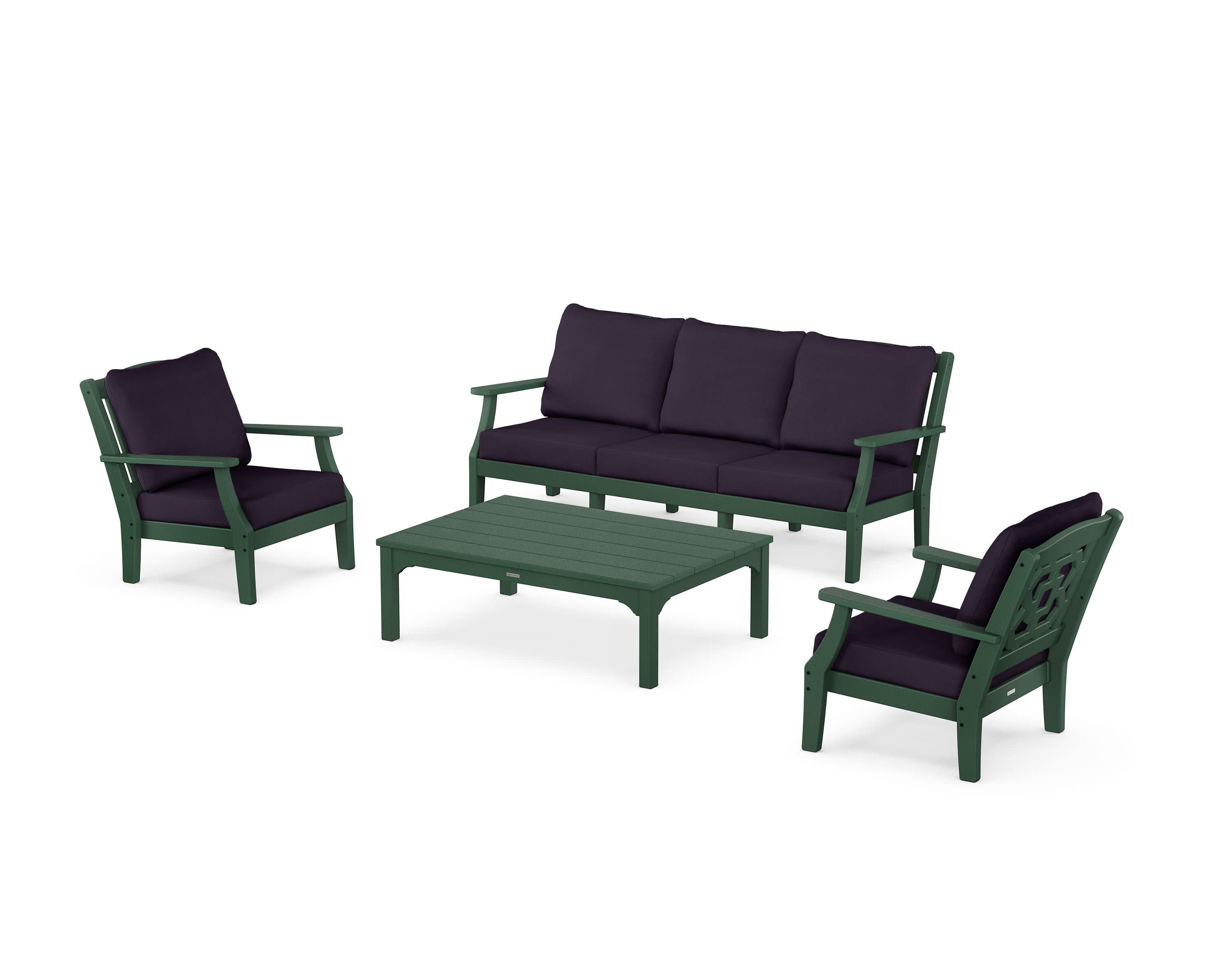 Chinoiserie 4-Piece Deep Seating Set with Sofa in Green / Navy Linen