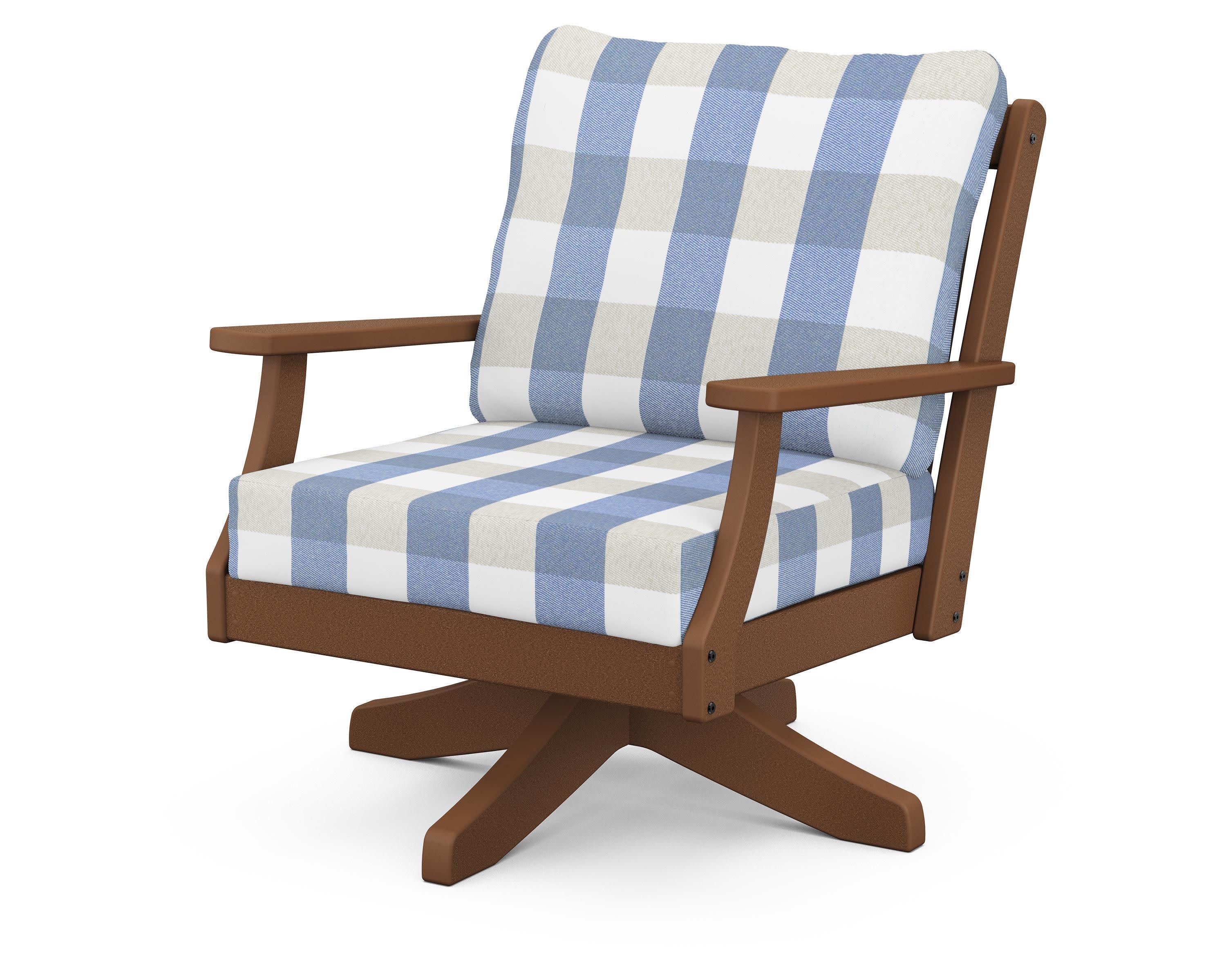 Braxton Deep Seating Swivel Chair in Teak / Buffalo Plaid Sky Blue
