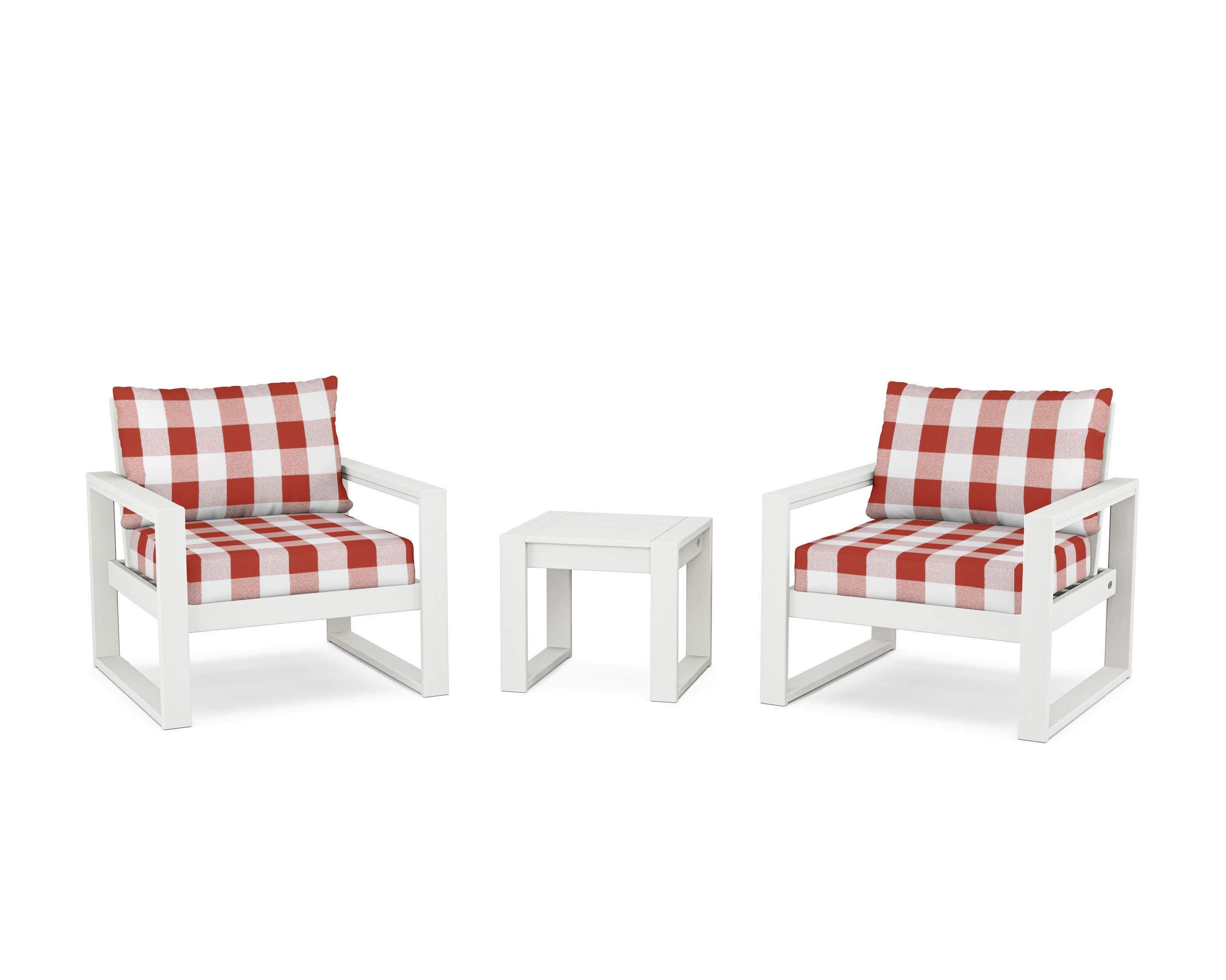 EDGE Sectional 3-Piece Deep Seating Set in Vintage White / Buffalo Plaid Crimson