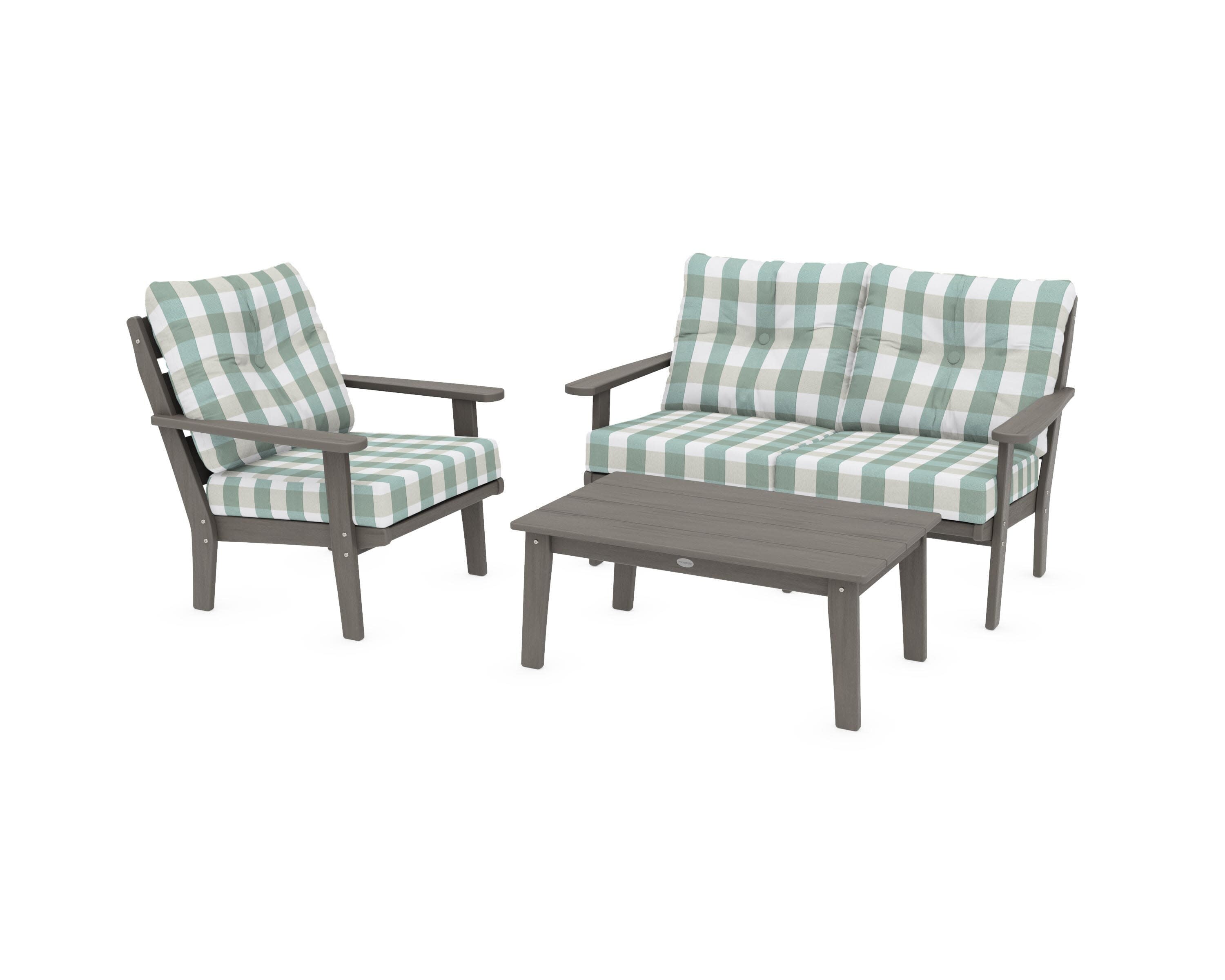 Lakeside 3-Piece Deep Seating Set in Driftwood / Buffalo Plaid Glacier Spa