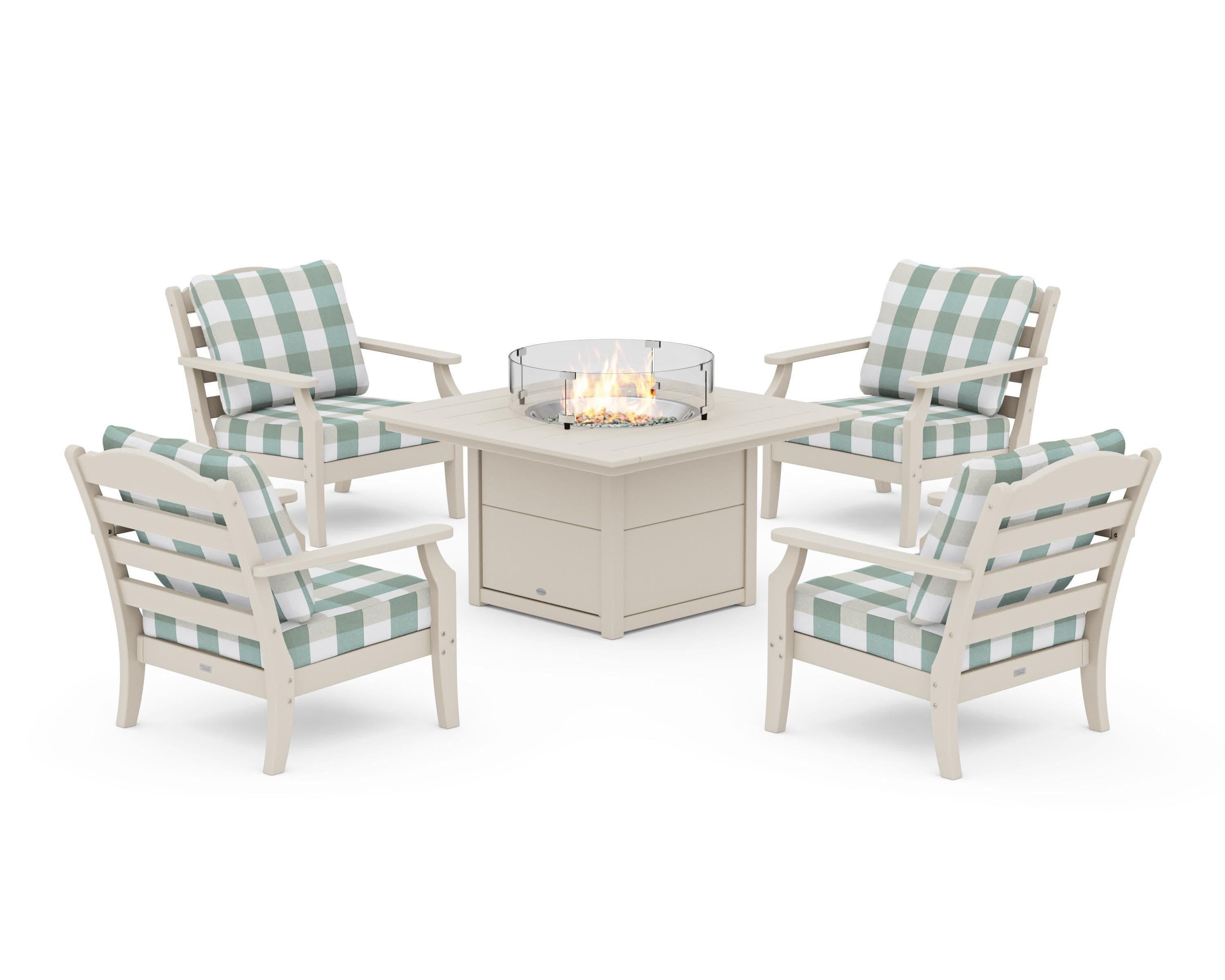Savannah 5-Piece Deep Seating Set with Fire Pit Table in Sand / Buffalo Plaid Glacier Spa
