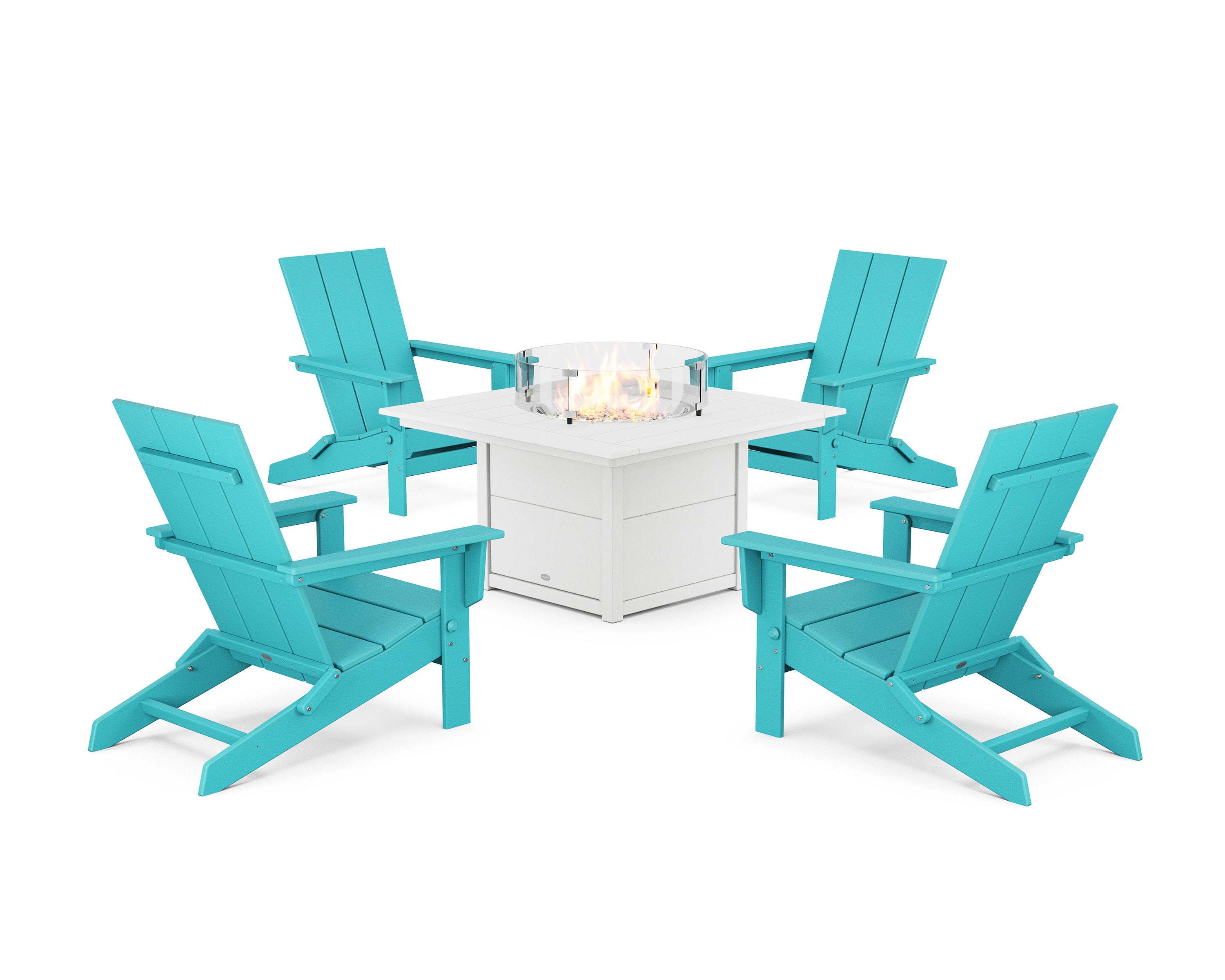 5-Piece Modern Studio Folding Adirondack Conversation Set with Fire Pit Table in Aruba / White