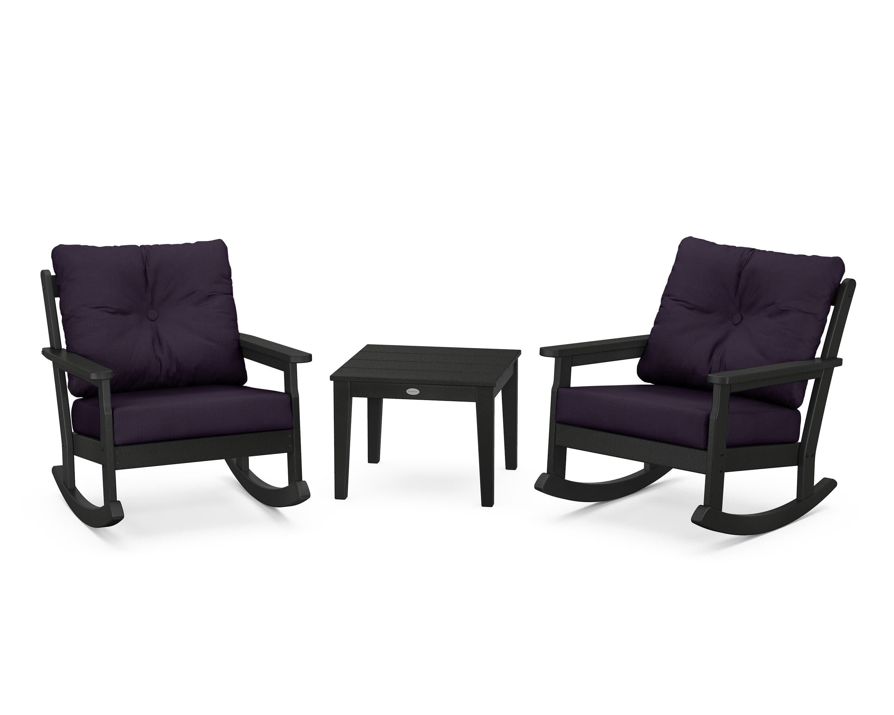 Vineyard 3-Piece Deep Seating Rocker Set in Black / Navy Linen