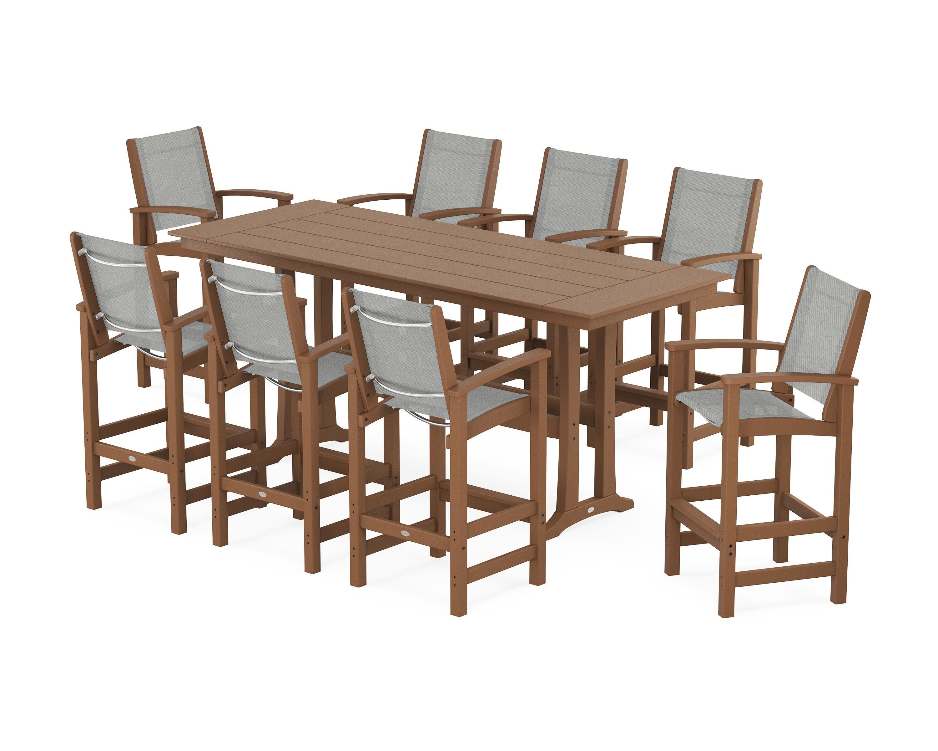 Coastal 9-Piece Farmhouse Bar Set with Trestle Legs in Teak / Metallic Sling